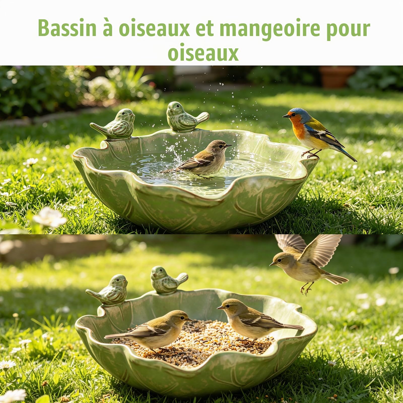 Abreuvoir à oiseaux rond résistant à l'hiver avec 2 oiseaux décoratifs, abreuvoir à oiseaux pour balcon, fontaine à oiseaux, bain d'oiseaux pour le jardin, pour l'extérieur, la terrasse, le
