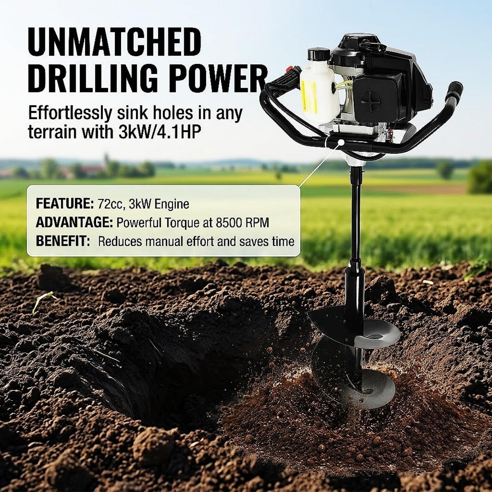 Ahoyadora Gasolina | 72CC 3000W | 4CV | 2 Tiempos Motor | 150/250/300mm Broca | 30/50/60cm Prolongador | Barrena para Tierra Compactadora De Tierra Ahoyadora Manual Ahoyador para Granja