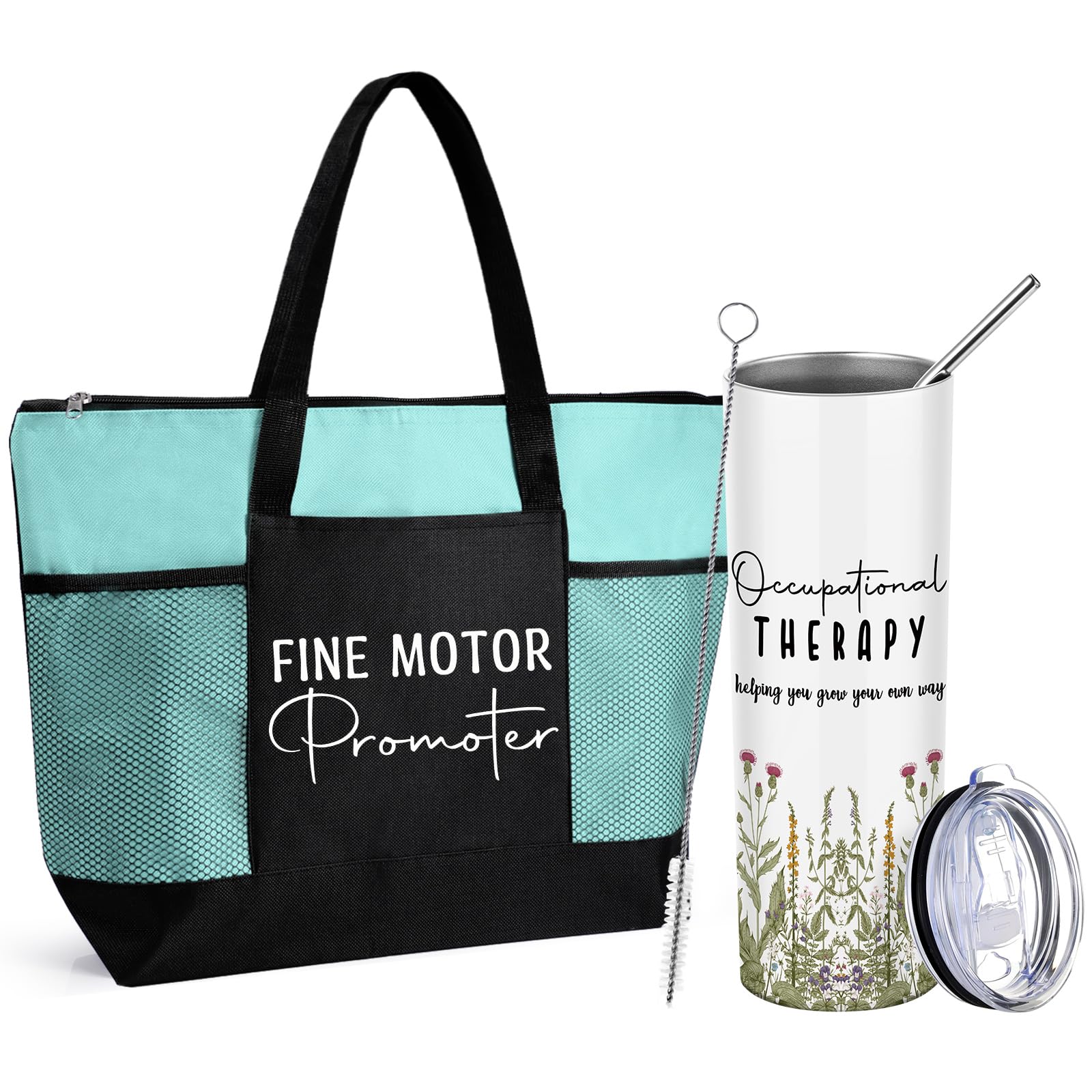 Jingmore 2 Pcs Occupational Therapy Gifts 20 Oz Tumbler with Lid and Straw Fine Motor Promoter Tote Bag for Women OT Appreciation Gifts for Speech