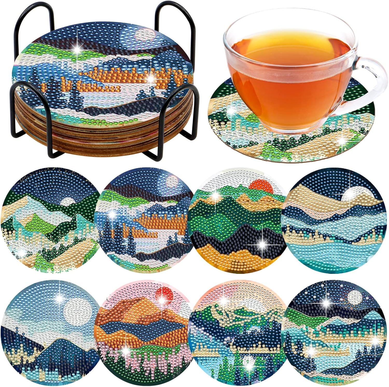 SPOKKI 8 Pcs Diamond Painting Coasters with Holder, Beginner DIY 5D Diamond Painting Art Kit, Sunset Mountain Diamond Painting Coasters Kits for Adults and Kids, DIY Coasters Home Decor Gifts (A)