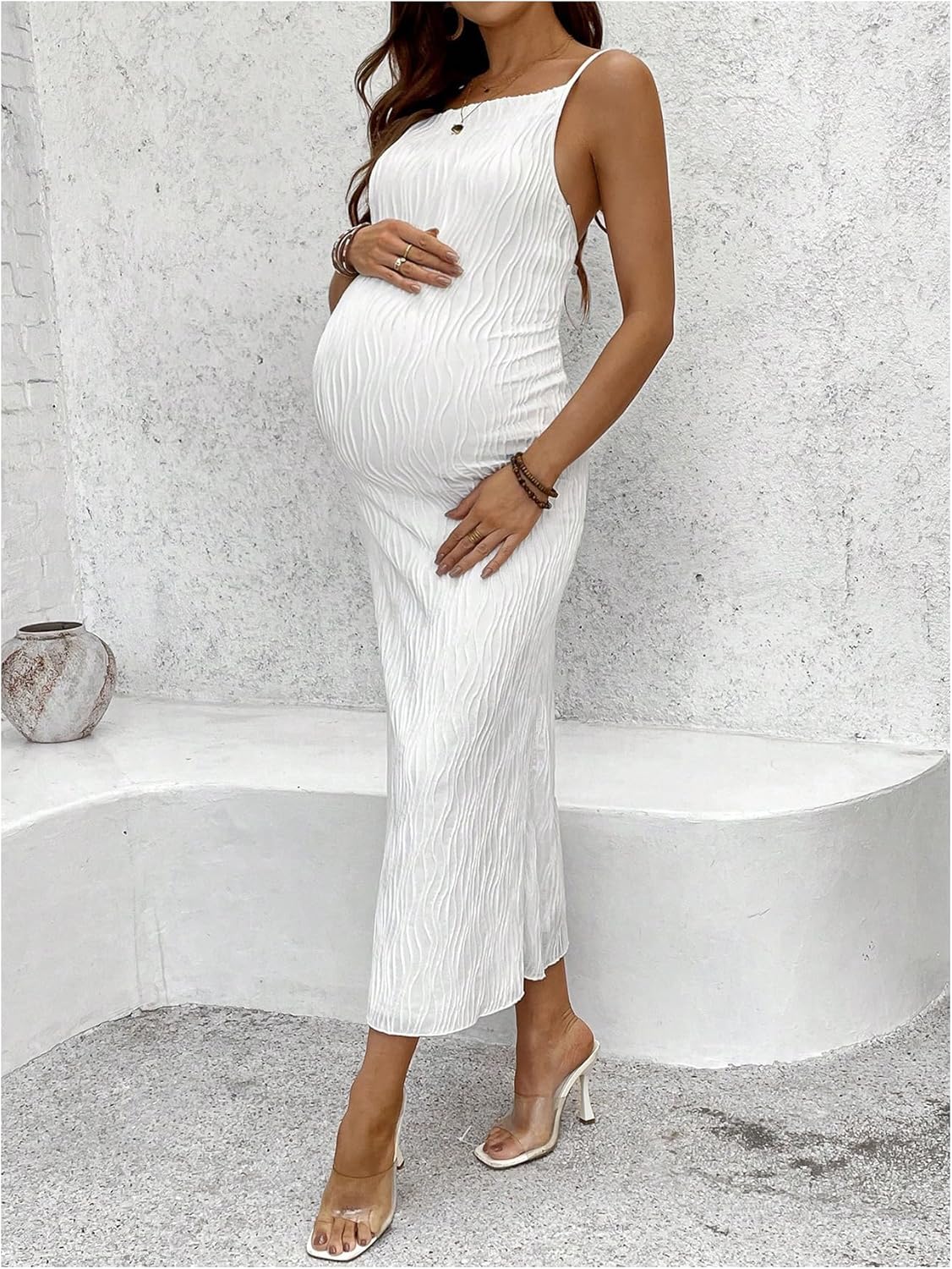 OYOANGLE Women's Maternity Dress Textured Spaghetti Strap Double Lined Bodycon Long Dresses