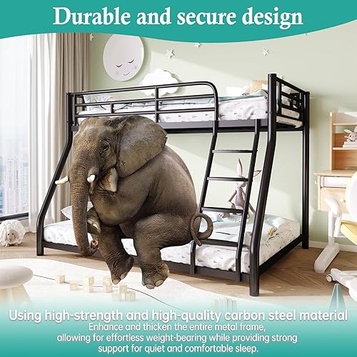 Miniatura 3 de Litera de metal individual sobre matrimonial, literas de tamaño individual sobre matrimonial con escalera ancha extraíble y barandilla de longitud