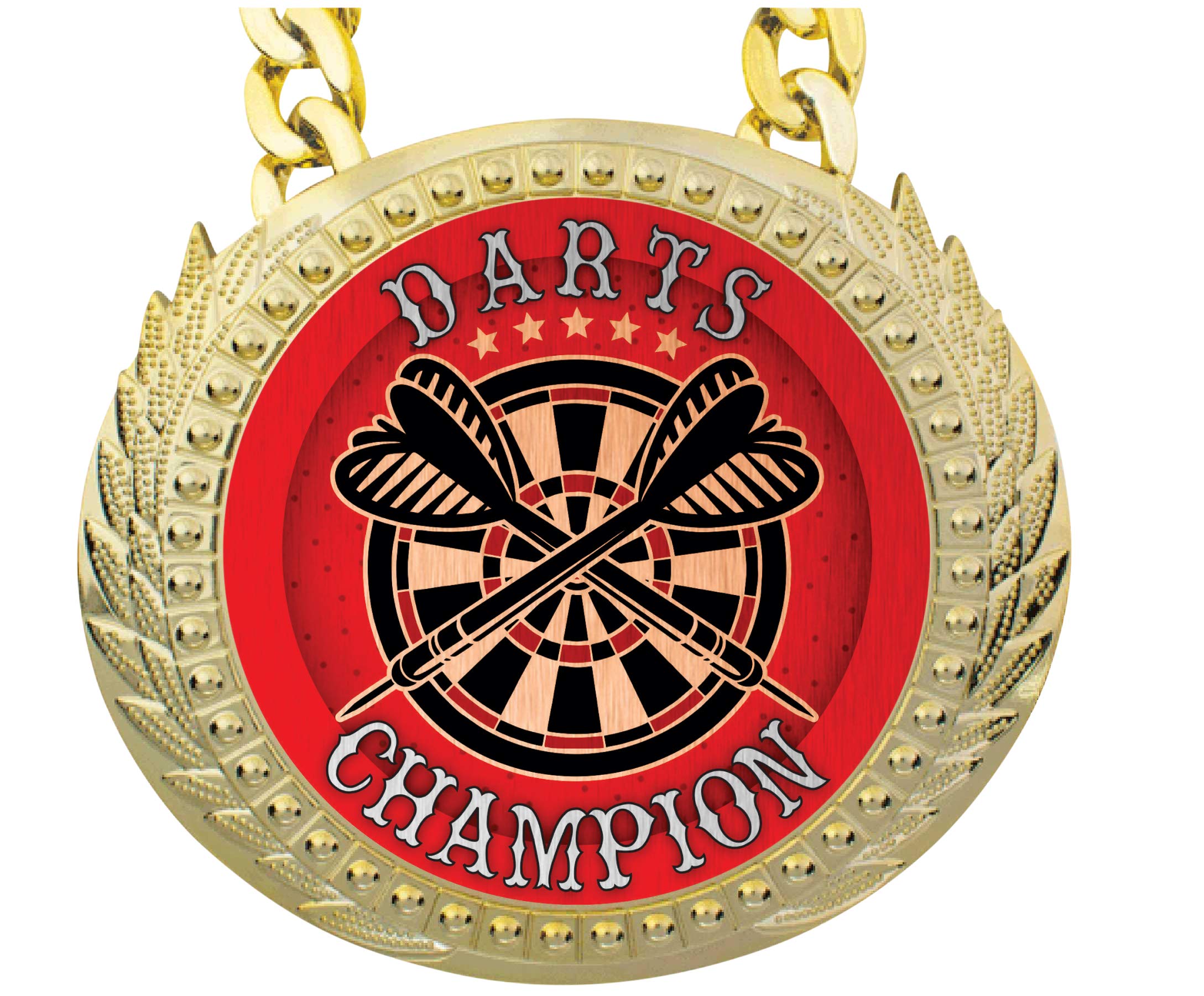Express Medals Darts Champ Chain Trophy Award with a Center Plaque Plate Measuring 6 by 5.25 Inches and Includes a 34 Inch Chain with Black Velvet Presentation Bag.