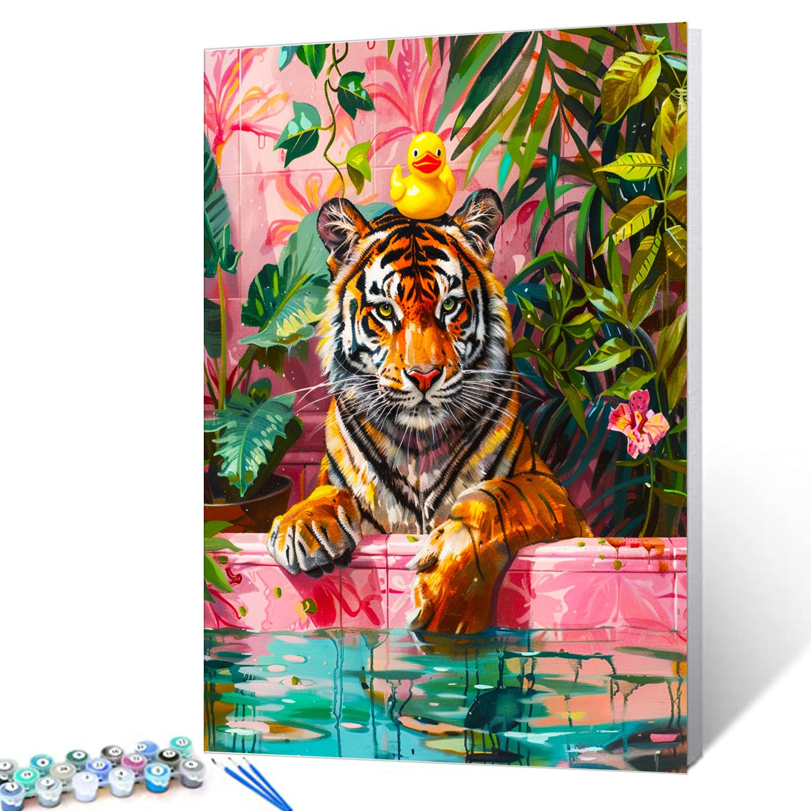 Tiger Bathing Paint by Number for Adults Animal with Yellow Rubber Duck on Her Head Picture Canvas Pink Bathtub DIY Oil Painting Kits Acrylic Paints for Home Wall Decor Art Craft Gifts (Frameless)