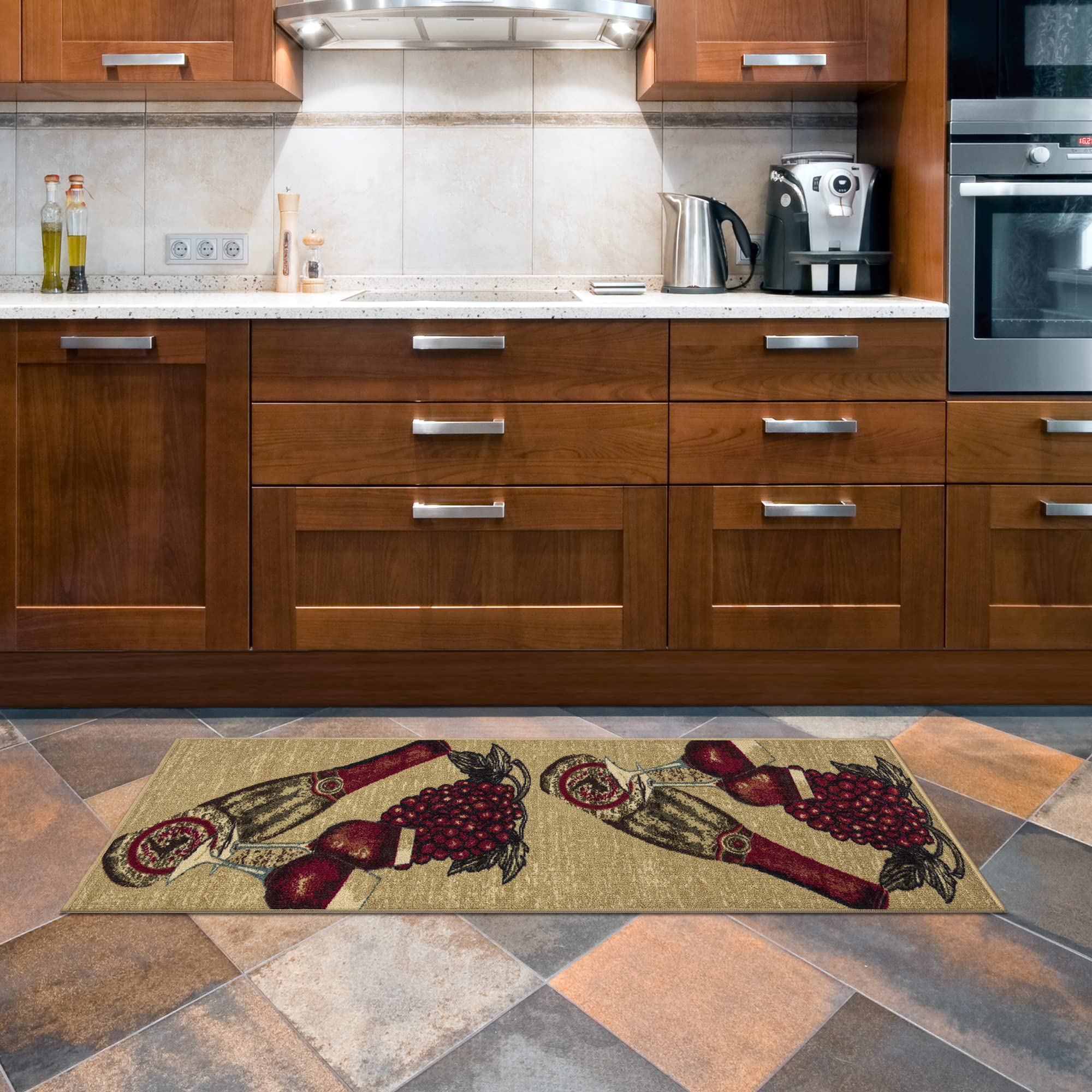 Ottomanson Siesta Collection Rubberback Non-Slip Wine Deisgn Indoor Turkish Kitchen Runner Rug, 20" x 59", Beige Wine/Grapes