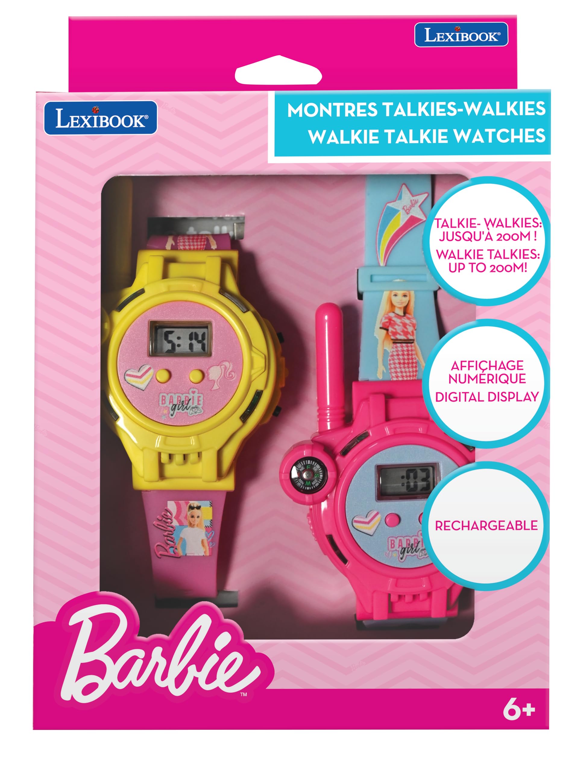 Lexibook, Barbie, Zegarki krótkofalówki, DMWTW1BB | 2 szt., zasięg 200 m, latarka, kompas, akumulator