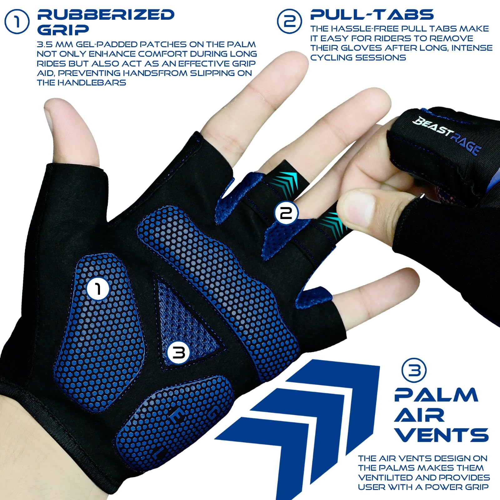 BEAST RAGE Guantes de ciclismo de medio dedo para hombres y mujeres, guantes de bicicleta transpirables sin dedos con palma antideslizante, absorción de golpes, acolchado de gel para ciclismo de