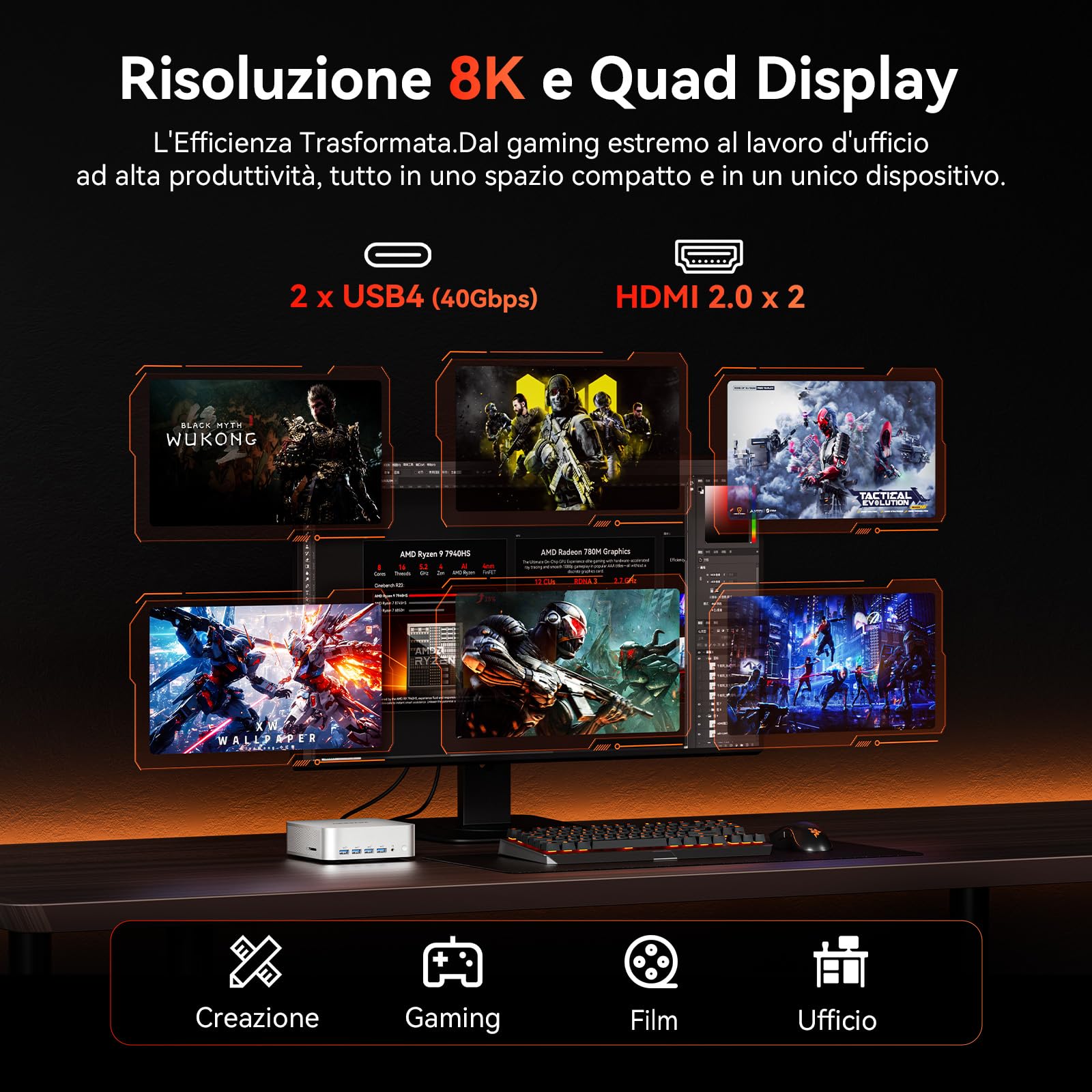 GEEKOM A7 MAX Mini PC AI AMD Ryzen 9 7940HS 1TB SSD 16GB DDR5 Windows 11 Pro Radeon 780M USB4 8K