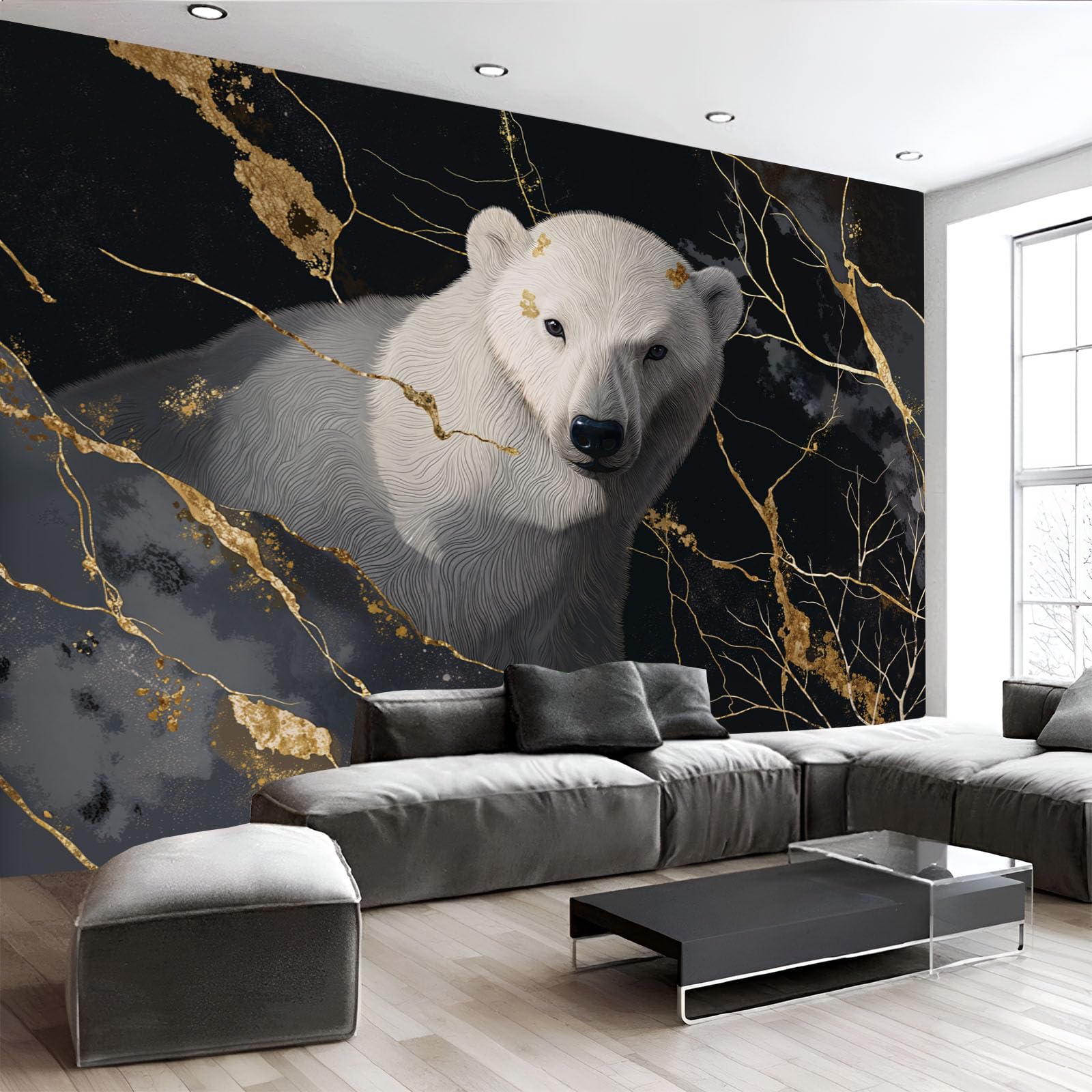 Carta Da Parati Fotografica Orso Polare 200x140cm Nero Decorazione Da Muro Poster Gigante Design Soggiorno Ufficio Camera Da Letto Effetto Marmo Lamina D'Oro