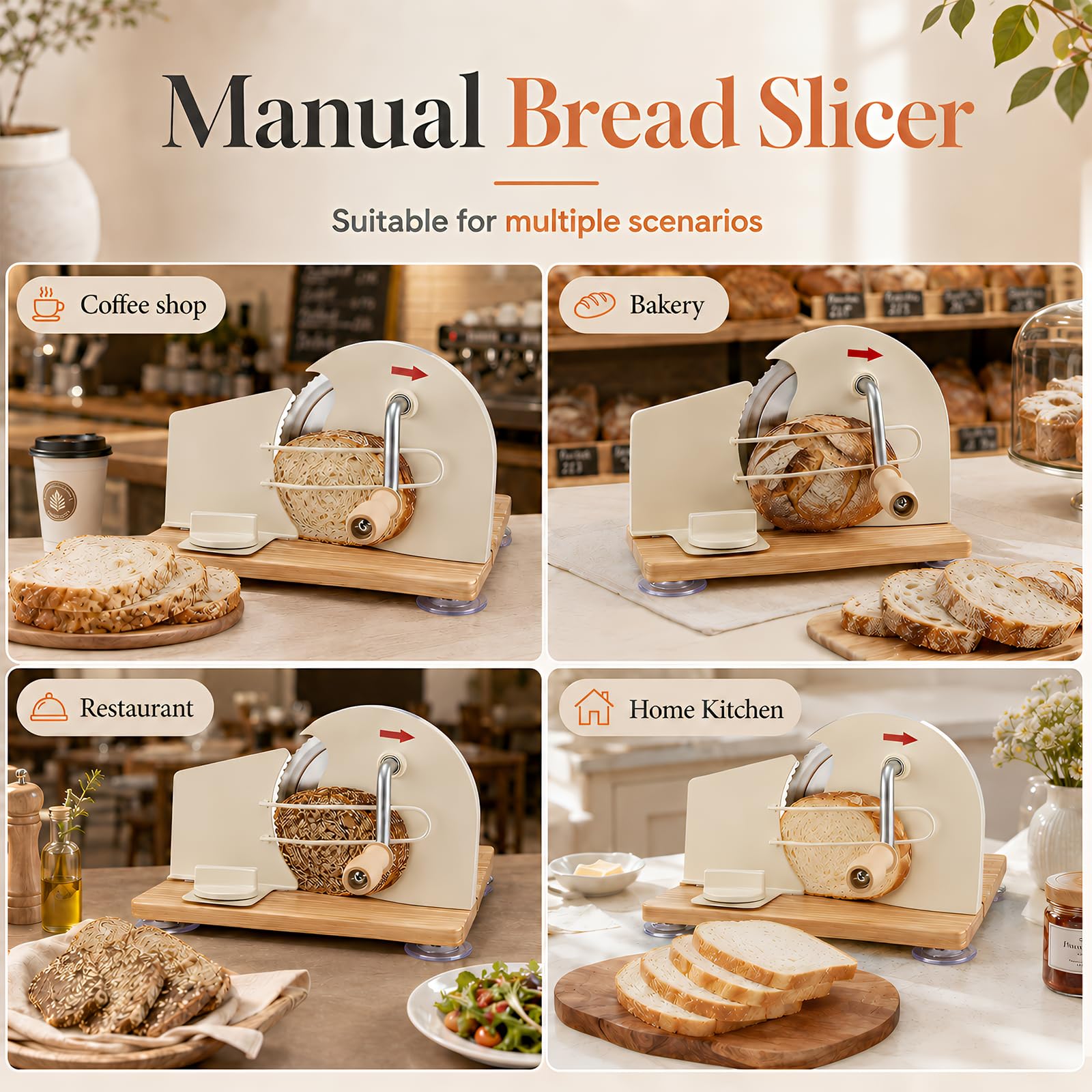 Trancheuse à pain manuelle avec manivelle et ventouses et antidérapantes | Épaisseur Réglable 0-20 mm, Trancheuse Manuelle à Manivelle avec Lame Acier Inox 304, Pliable pour Maison, Café, Boulangerie