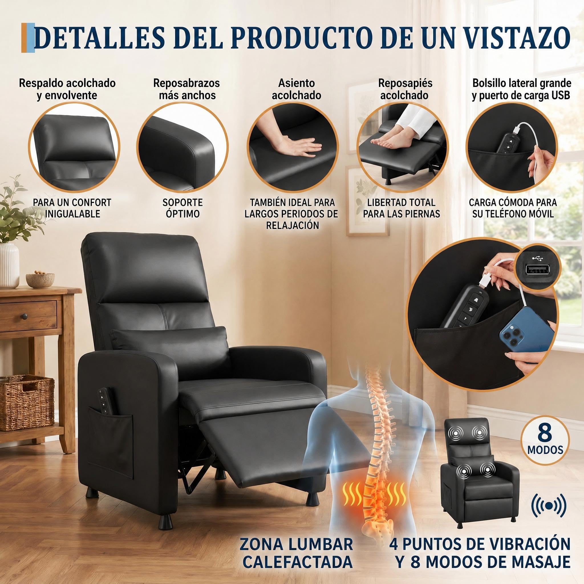 GarveeLife Sillón Relax Reclinable Eléctrico con Masaje de 4 Puntos y Calefacción Lumbar, Tapizado en PU, Reposapiés Eléctrico, Puerto USB C, Negro