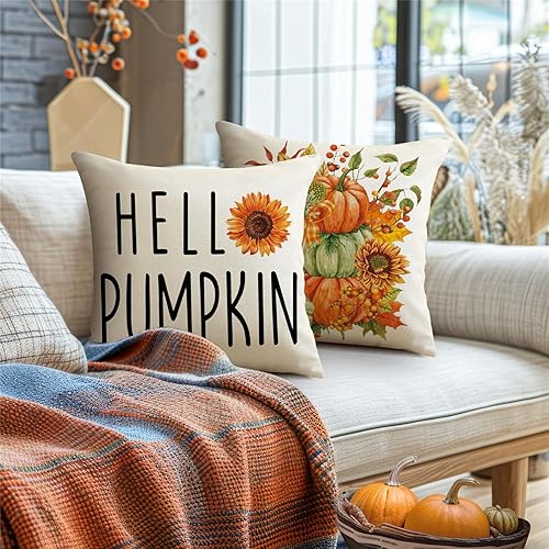 Miniatura 3 de Juego de 4 fundas de almohada decorativas de otoño de 18 x 18 pulgadas, decoración de granja de Acción de Gracias, Hello Pumpkin al aire libre,