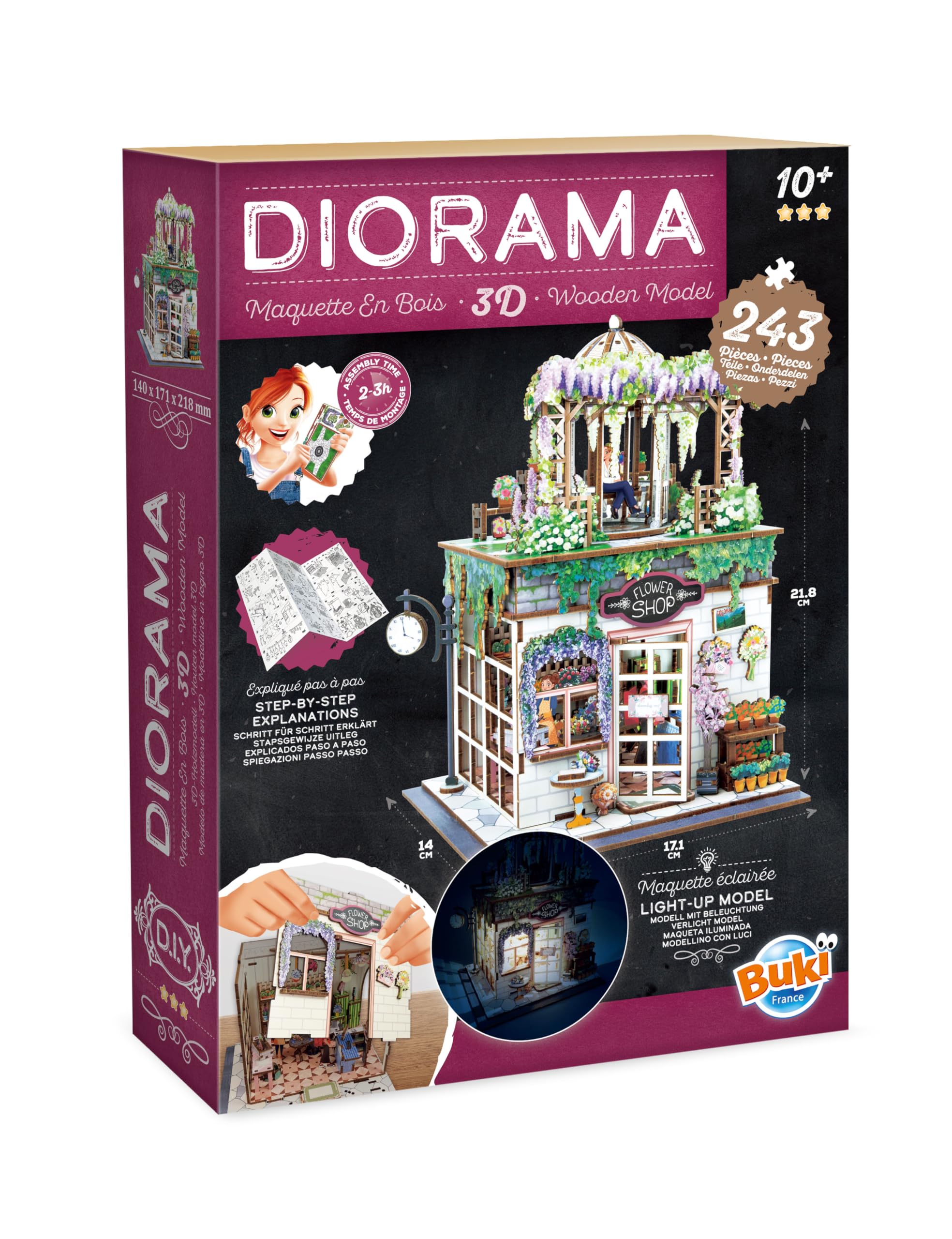 Diorama Fiorista - Modellino fioraio in miniatura in legno con LED - Diorama DIY 243 pezzi - Kit costruzione negozio di fiori - dai 10 anni - 14 x 17,1 x 21,8 cm - 68075 - BUKI France