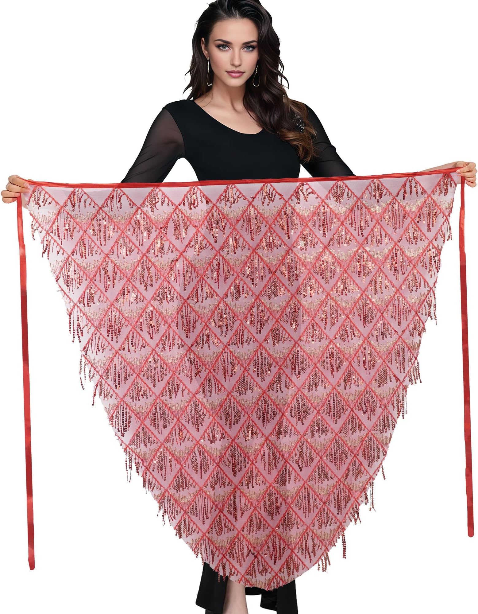 Hip Scarf for Belly Dance Folk Dance Halloween Costume Tribal Dance Skirt with Sequin Tassel