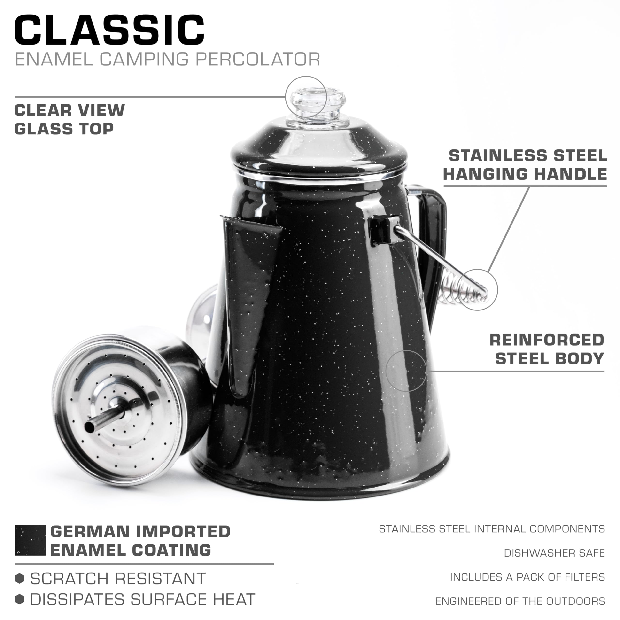 Coletti Percolateur à café Classique en émail (Noir, 12 Tasses) — La cafetière de Camping Originale rendue Moderne — Indispensable pour Le maître brasseur du Camping