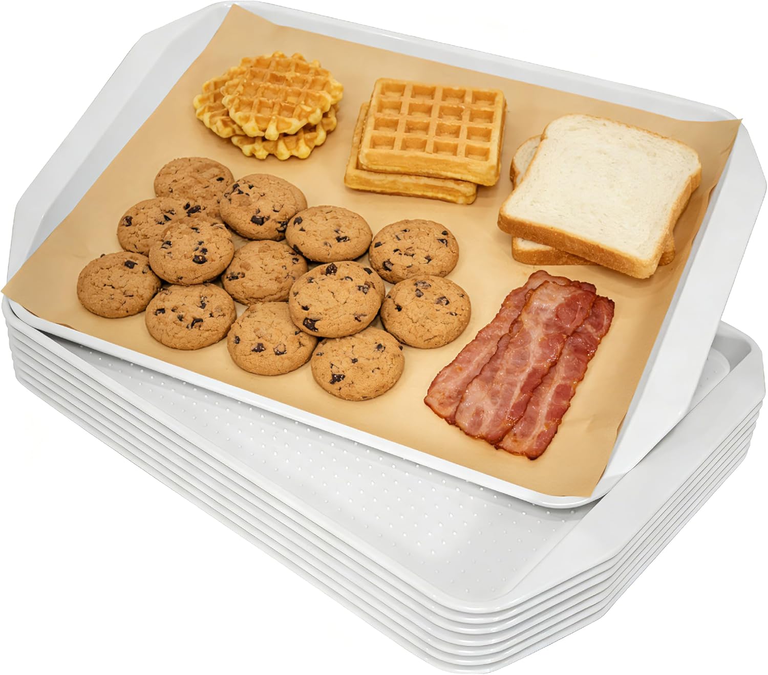 Rectangular Plastic Serving Trays, Stackable White Food Trays for Restaurant and Kitchen Use, 16.5 x 11.8 in, 8 Pack