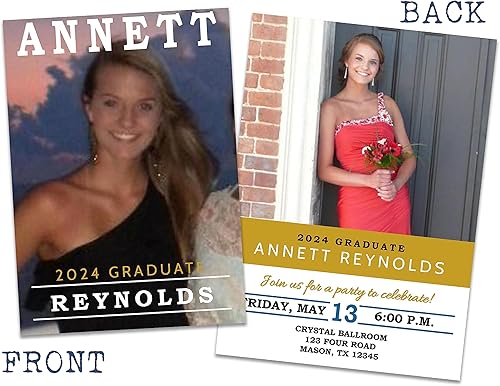 Miniatura 2 de Graduation Announcements Party Invitations Cards Class of Customized Gold Black Blue, High School or College, personalized with envelopes