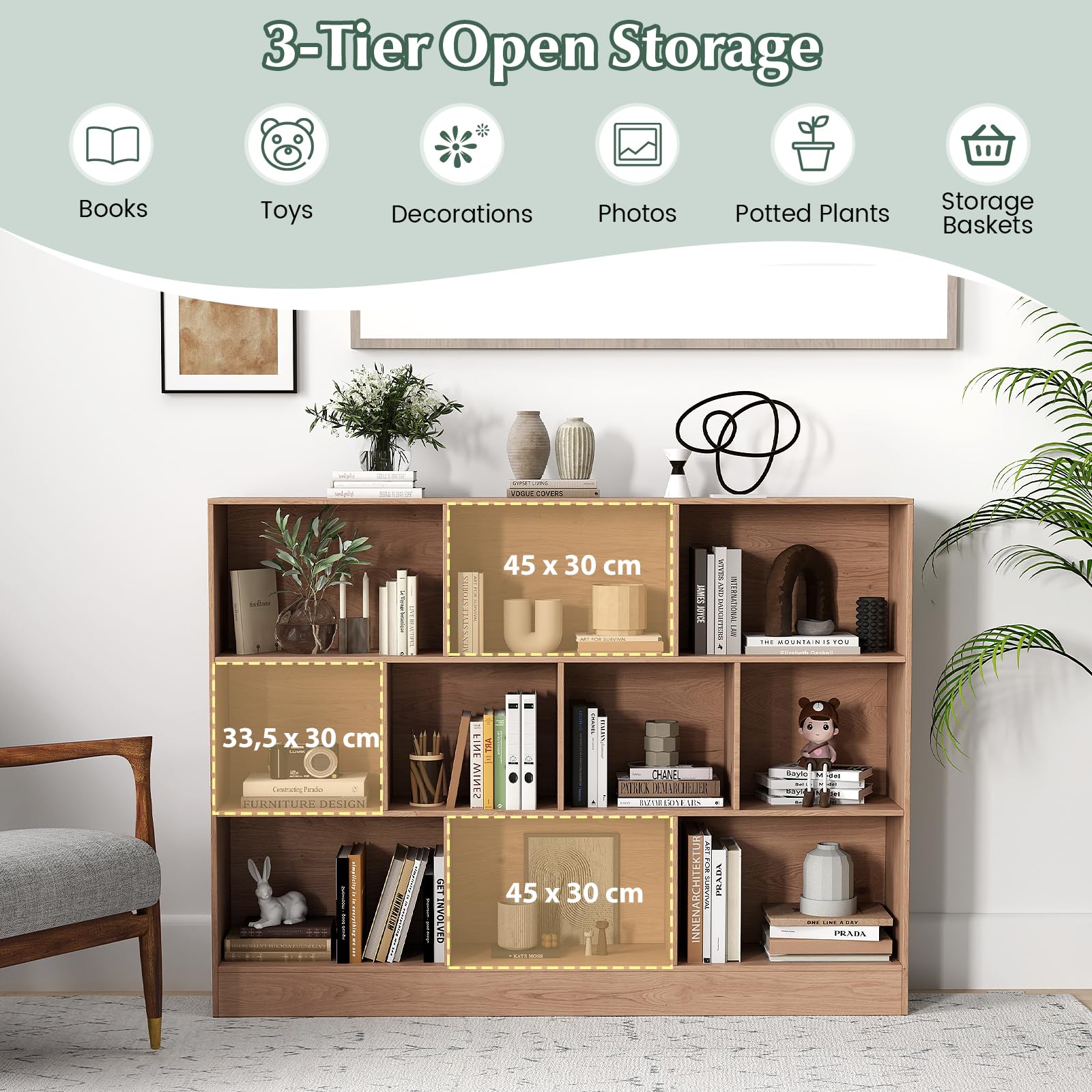 KOMFOTTEU Estantería Abierta con 10 Compartimentos, Librería de 3 Niveles con Dispositivo Antivuelco, Mueble de Almacenamiento para Salón, Oficina (Natural, 140 x 24 x 104 cm)