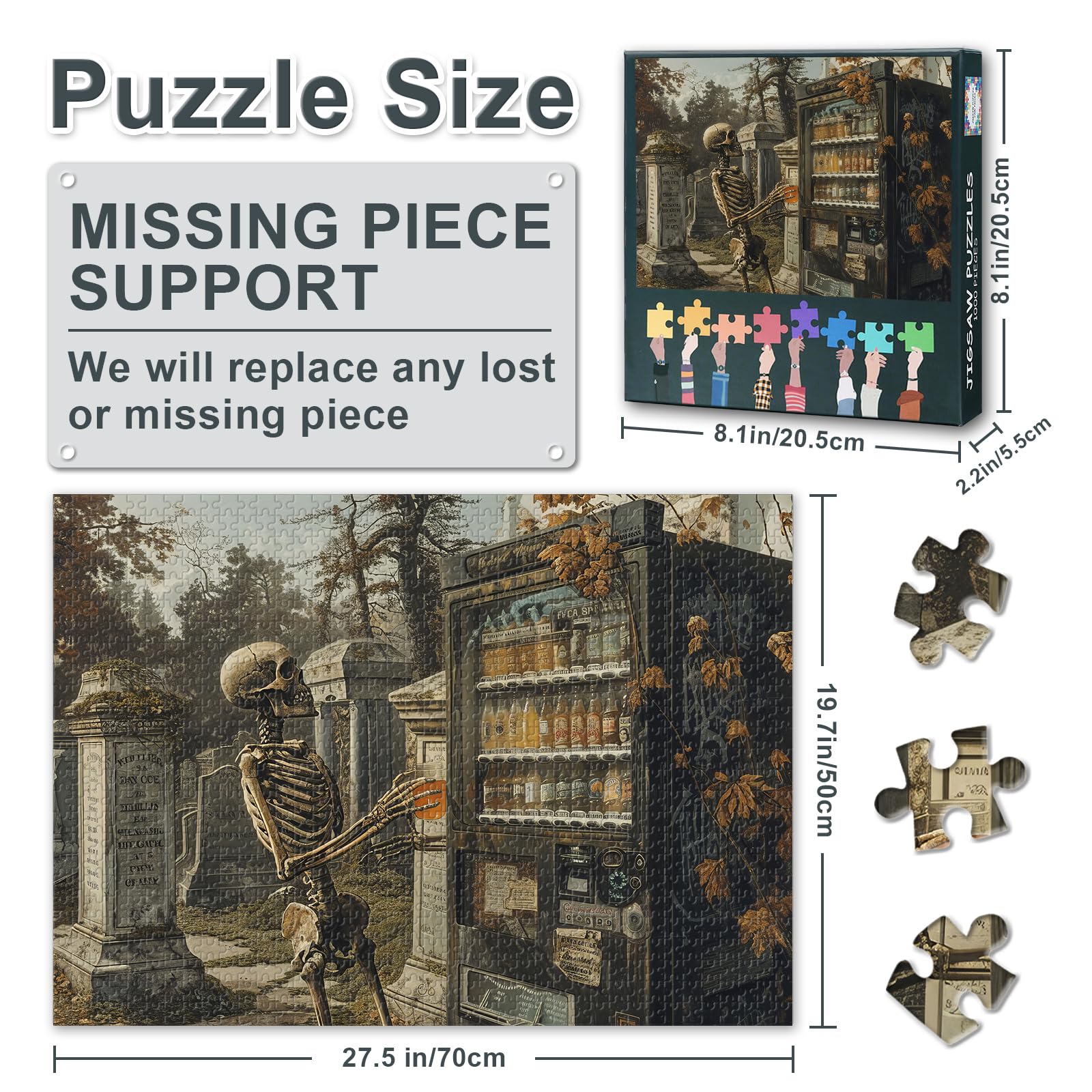 1000 Piece Puzzle for Adults & Jigsaw Puzzles, Vintage Skeleton in the Cemetery, Gothic Graveyard Art Design - Image 3