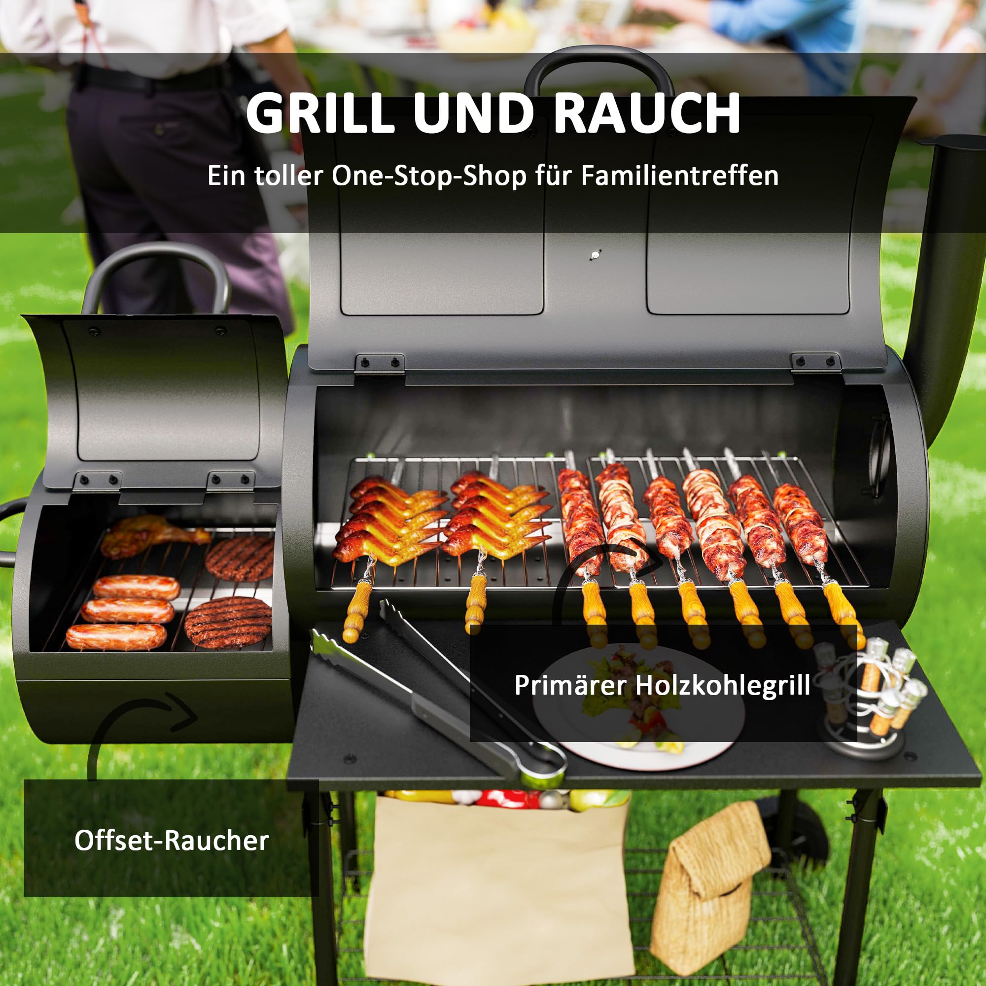 Outsunny Grill na węgiel drzewny ze stali, BBQ Smoker z pokrywką, termometr, kółka, wózek na kółkach z dopływem powietrza, pojemnik na węgiel węglowy, na kemping, do ogrodu, 109 x 60 x 120 cm