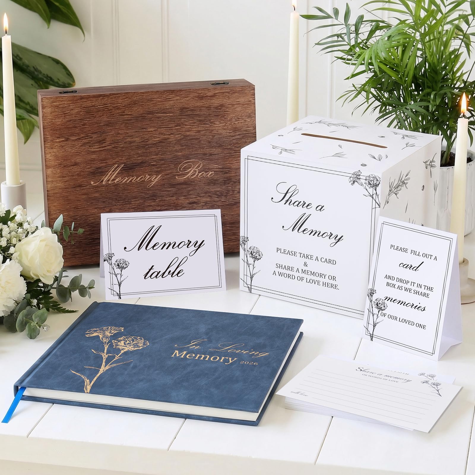 Juego de libro de invitados funerario con caja de recuerdos de madera, incluye 50 tarjetas de memoria en blanco, tarjeta de mesa de memoria, tarjeta de instrucciones, caja de tarjetas y libro de