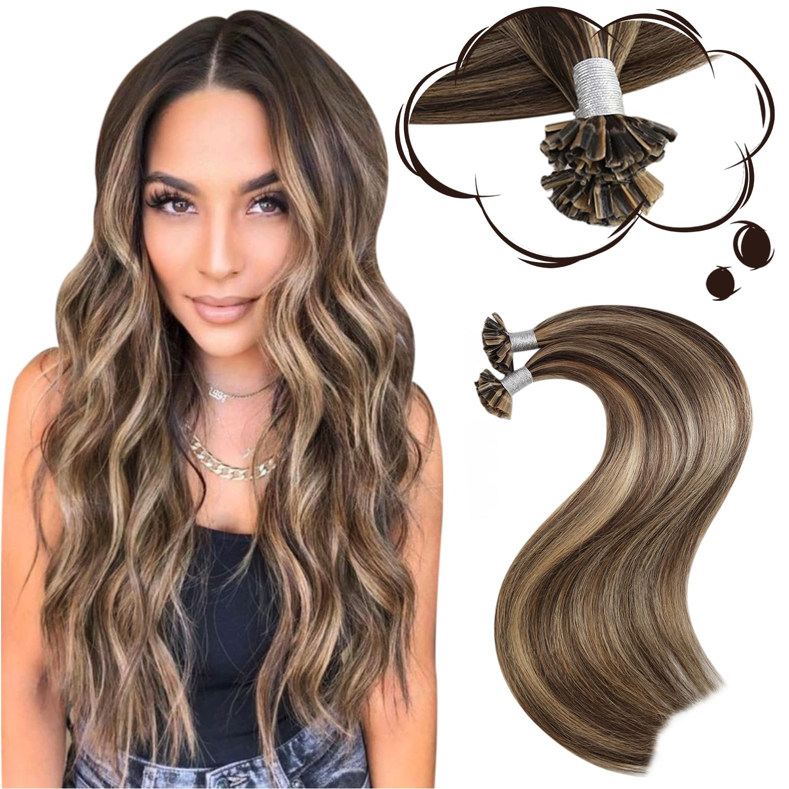 Moresoo Pre Bonded Hair Extensions 18 Inch U Tip Hair Extensions Real Human Hair Dark Brown Highlighted Caramel Blonde 1g/s 50g 50s/Pack #P4/27