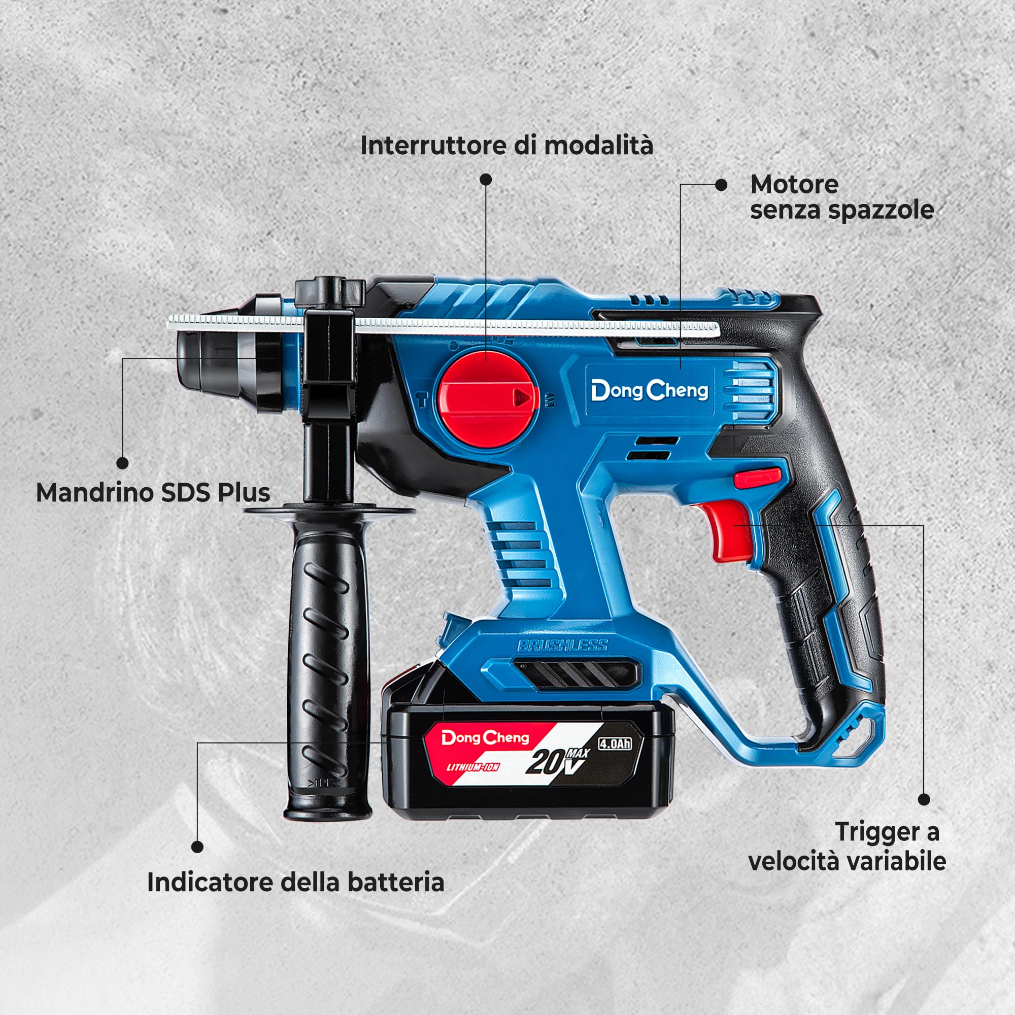DongCheng Martello Perforatore a batteria, Trapano Tassellatore a Batteria 2.1 J, Trapano a Percussione Batteria 18 V con 4 pezzi SDS-plus, Foratura fino a 28 mm, Motore senza spazzole.