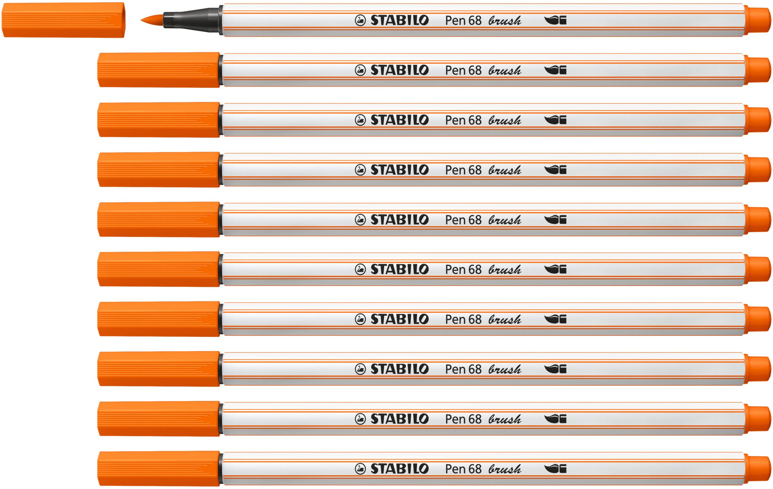 STABILO Pen 68 brush - Premium Fibre-Tip Pen with Brush Tip - Pack of 10 - Pale Vermillion