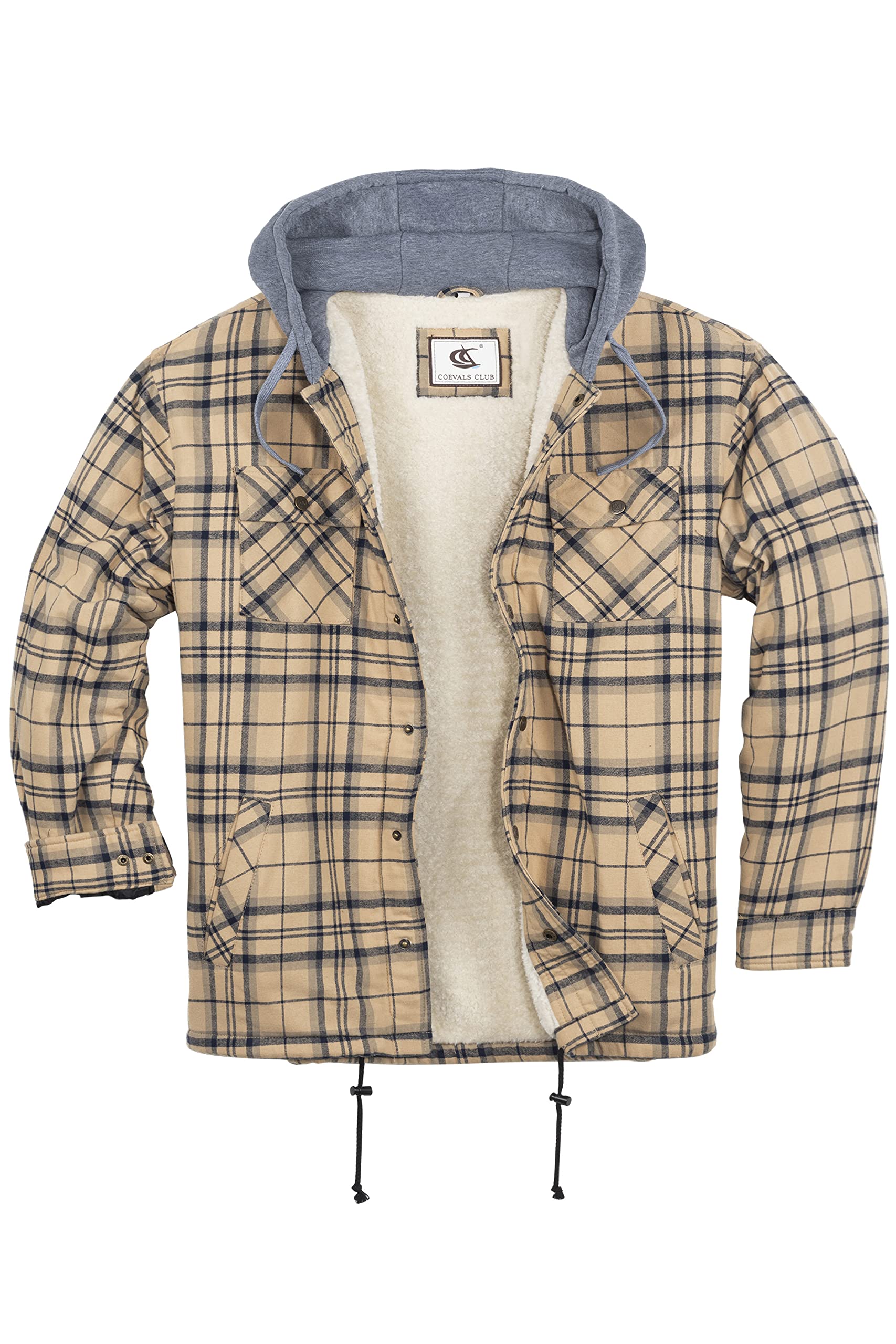 COEVALS CLUB Men's Flannel Jacket Sherpa Lined Quilted Cotton Snap Button Up Long Sleeve Shirts Hooded Coat