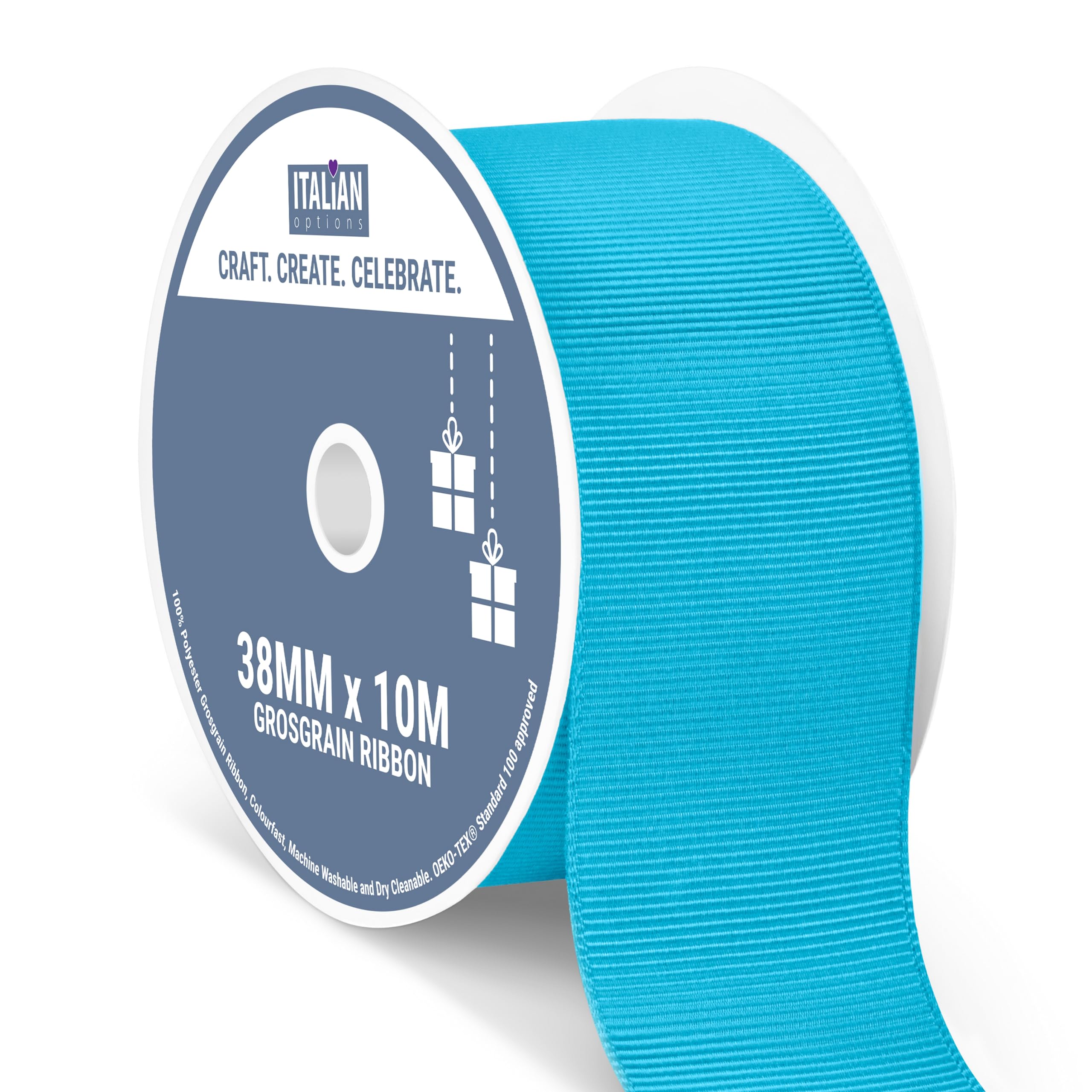 Italian Options Grosgrain Ribbon 38mm, Strong Plain Blue Ribbon for Bows, Wedding, Crafting, Sewing, Hair Accessories, Gift Wrap, 38 mm x 10 Metre Roll, Turquoise — image 1