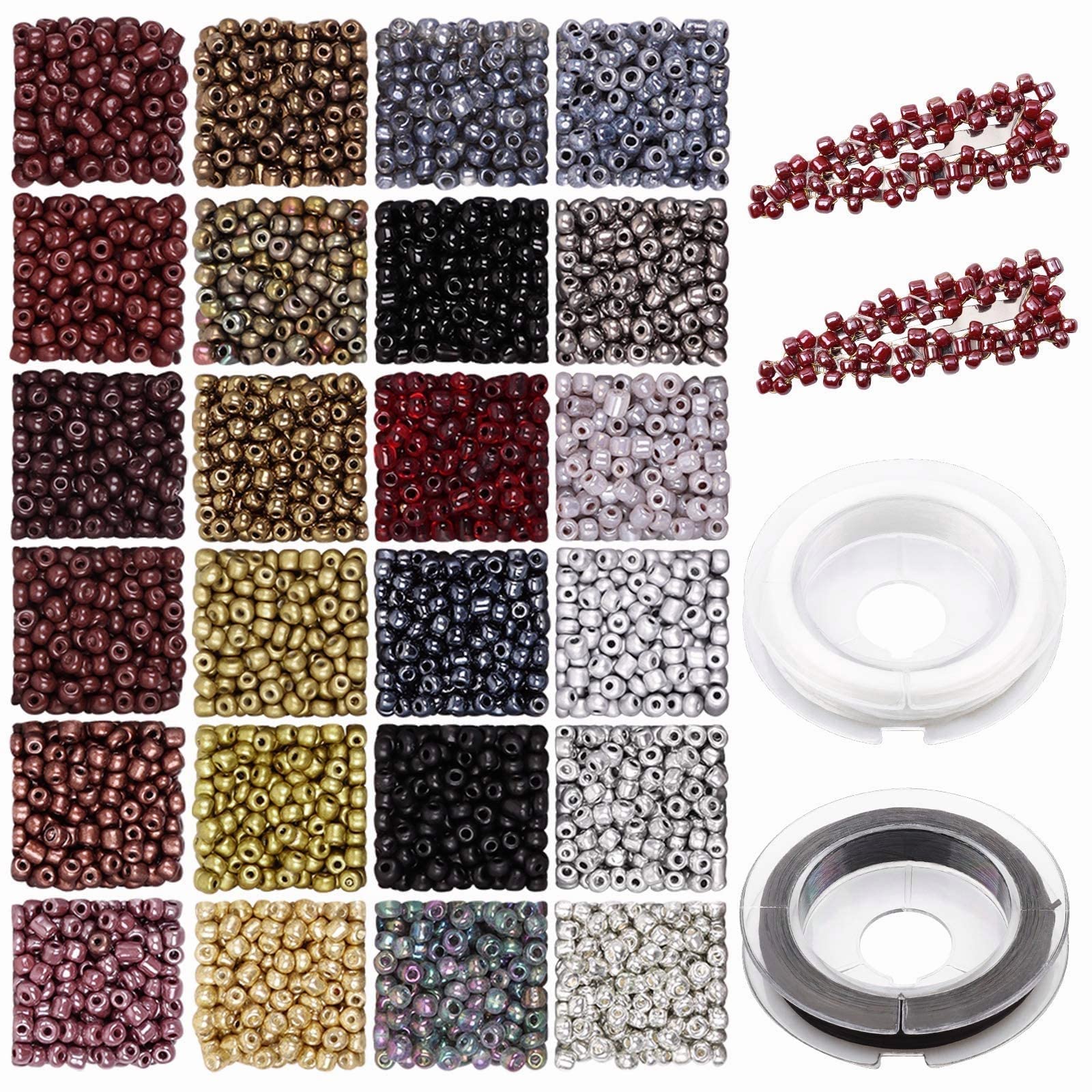Pony Seed Beads 4mm 6/0 1920pcs Small Craft Beads Glass Seed Beads with 2 Roll Elastic Strings, 24 Color Friendship Bracelet Beads Jewelry Making Kit for DIY Bracelets Necklaces Earrings (M18)