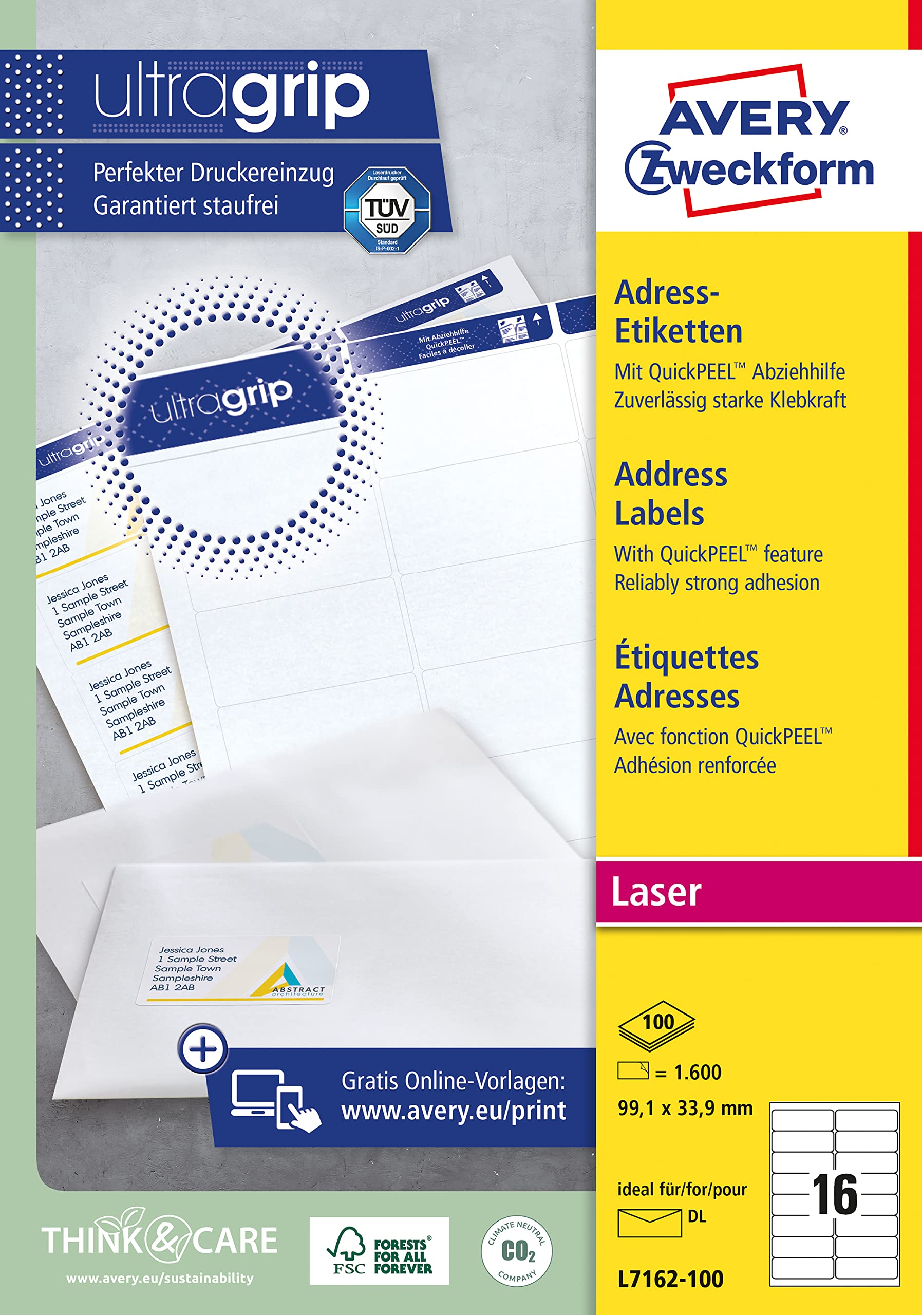 AVERY - Zweckform QuickPEEL étiquettes adresses, 99,1 x 33,9mmblanc, bord tout autour, coins arrondi