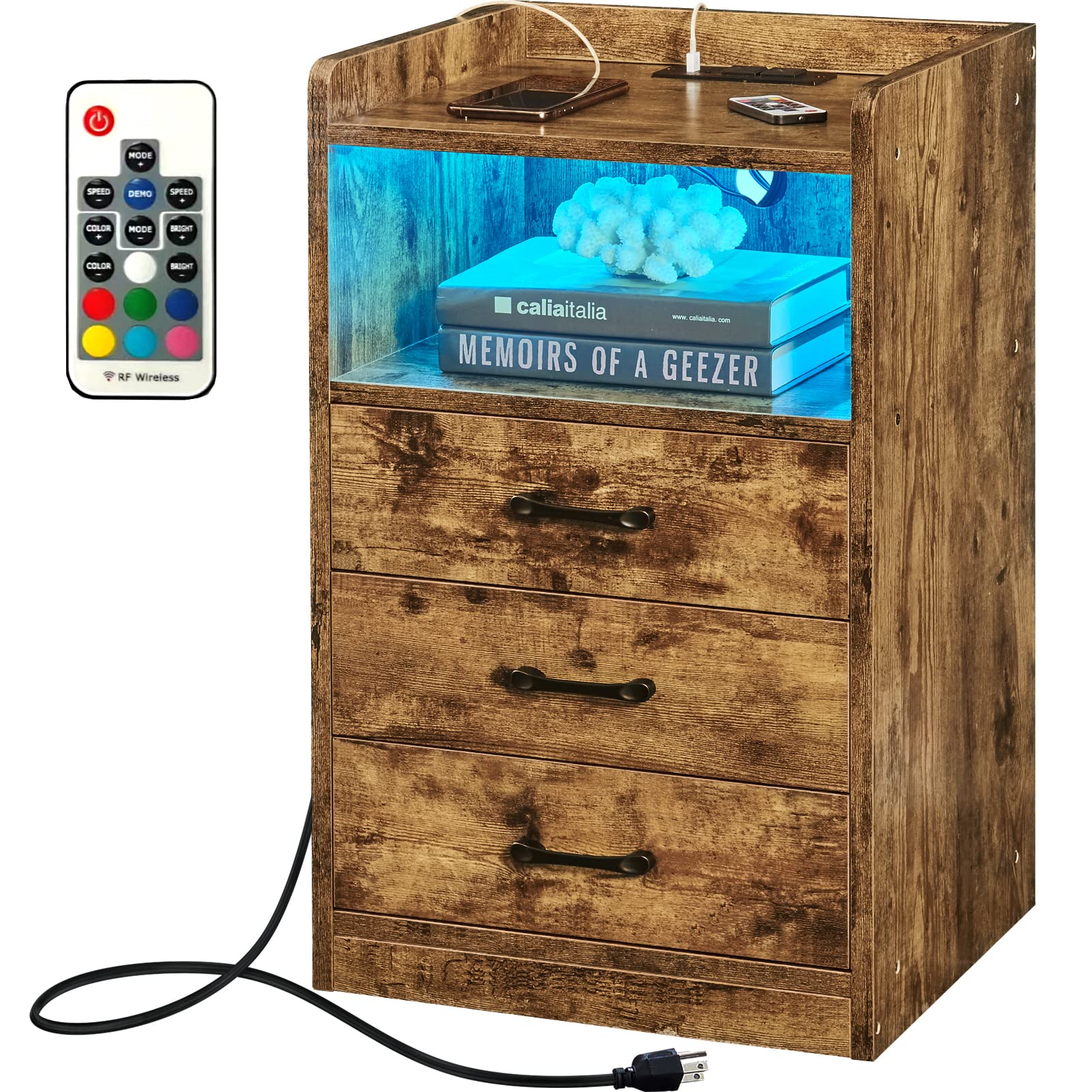 Buy SUPERJARE Nightstand with Charging Station and LED Lights Bedroom