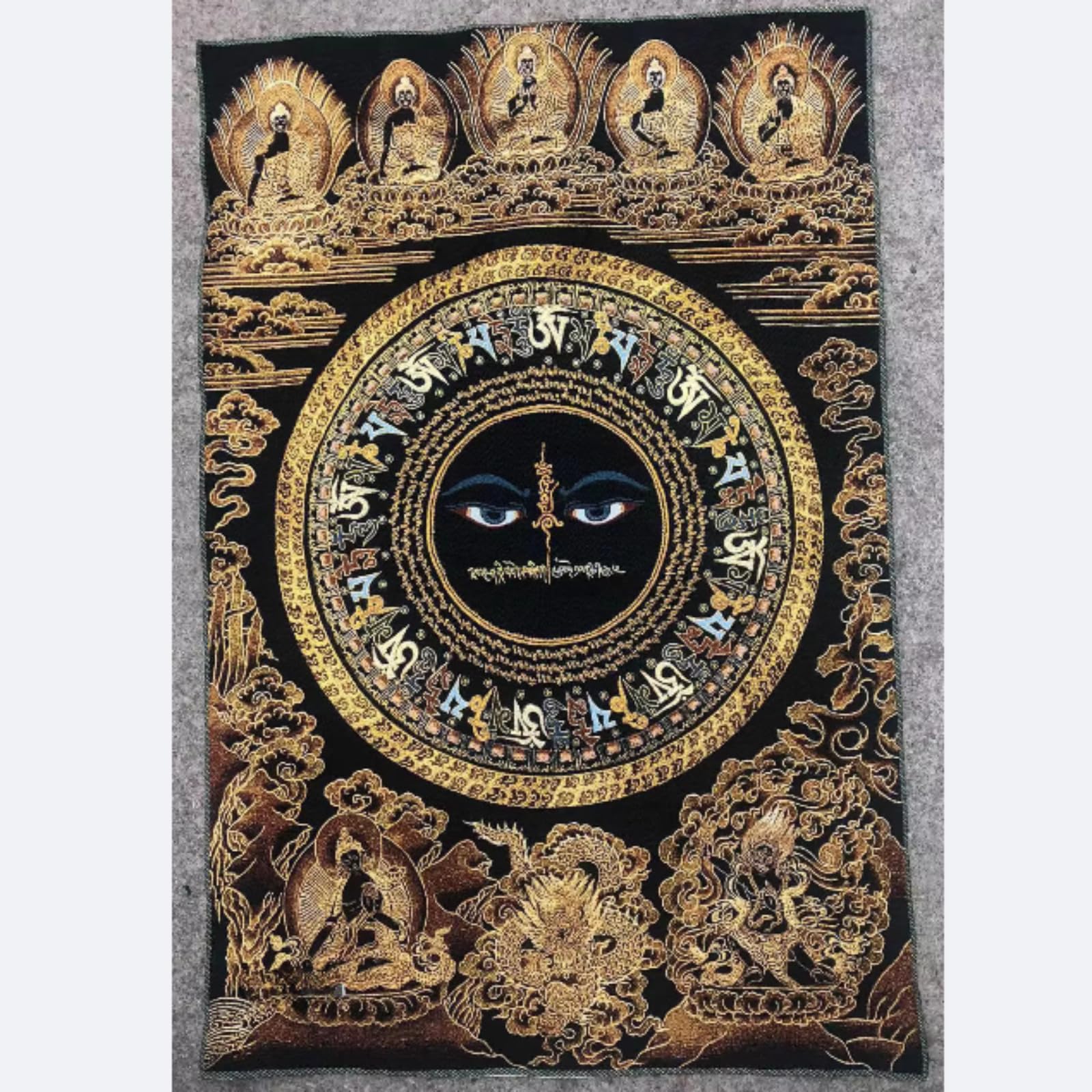 FENNYYAR Tibetische Wandmalerei mit sechs Charakteren, Mantra, Thangka-Stickerei, Brokat, Tibet, 90 cm, Eingangshalle, tibetische Wandmalerei
