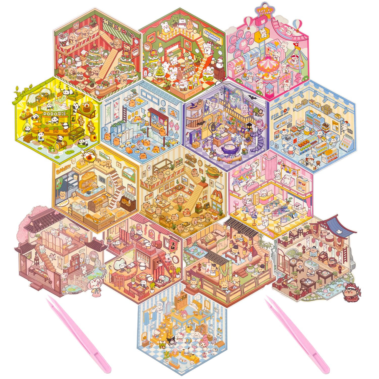 3D Sticker Scenes, 3D House Stickers, Isometric Sticker Rooms Decorating Book DIY, 3D Miniature Scene Stickers for Kids, Adults (15 Pcs)