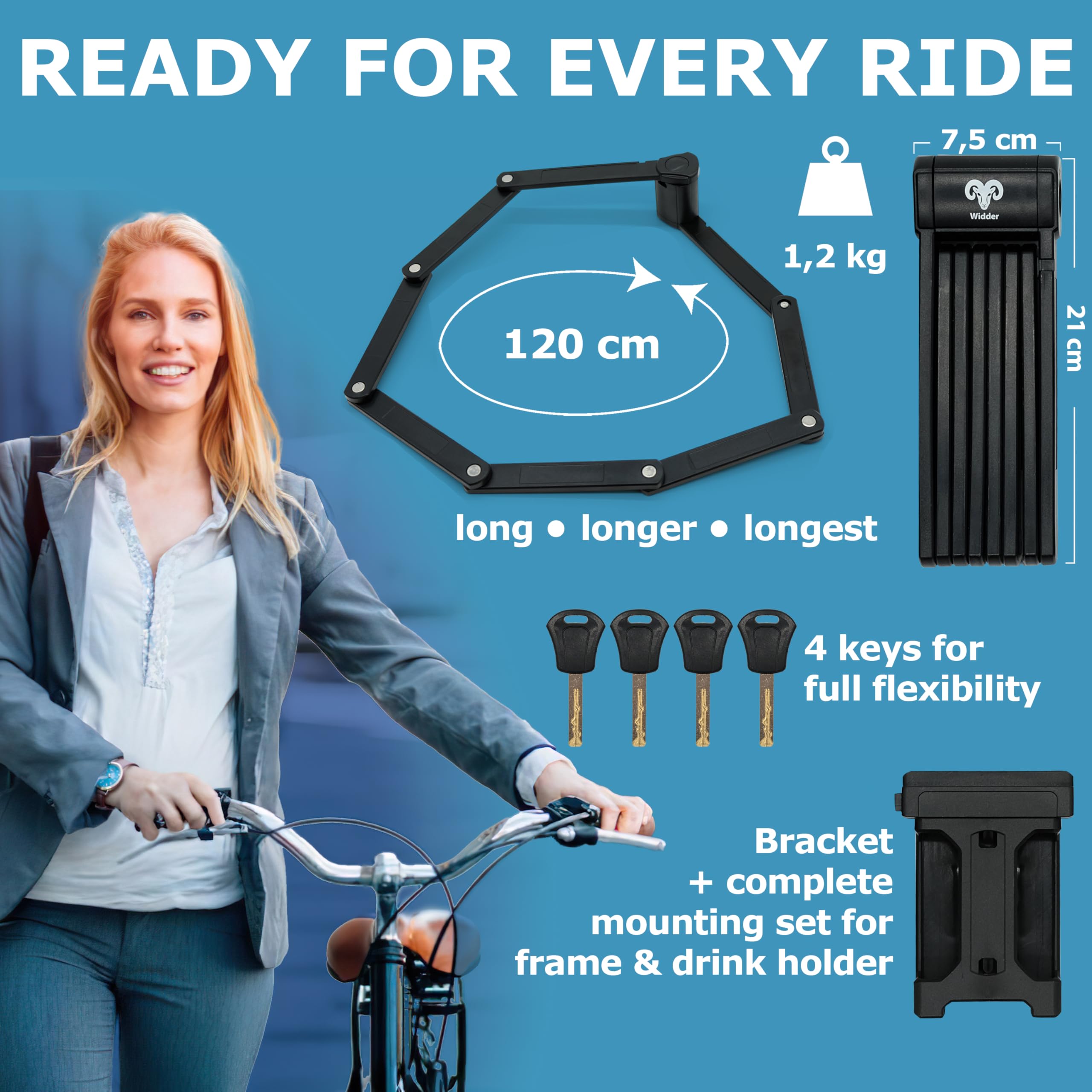 Widder Bardzo bezpieczna rowerowe zapięcia składane 120 cm z 4 klucze | Rowerowe zapięcia składane z oprawka | idealna jako blokada roweru elektrycznego, hulajnogi elektrycznej & Bike Lock