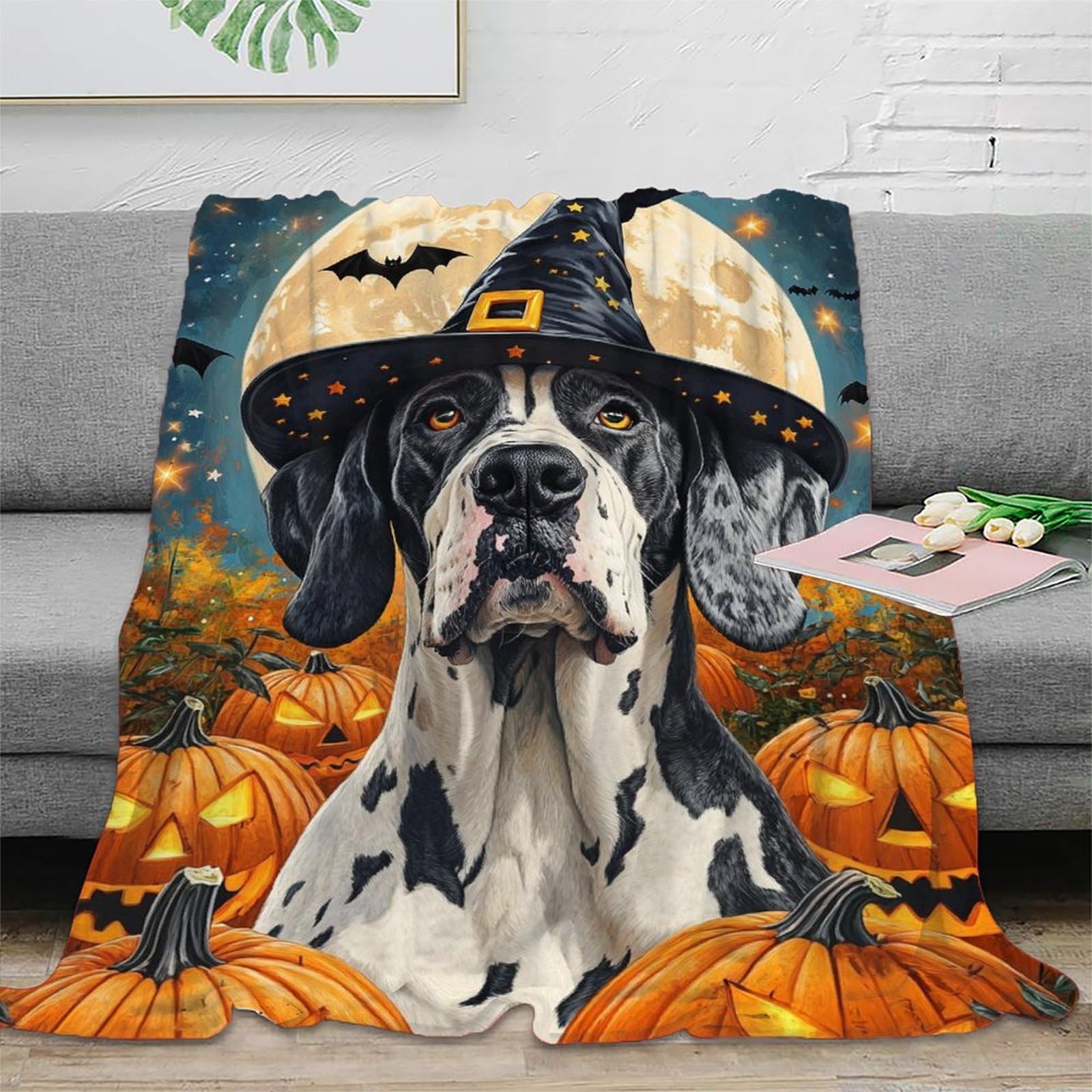 Dalmate Chien Couverture Douillette en Flanelle Polaire 3D Citrouilles éclairées Couverture De Canapé Douce Et Duveteux pour Canapé Et Salon 70x80inch(180x200cm)