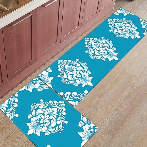 Miniatura 3 de Kitchen Rug Mats Set of 2 Piece Luxurious Floral Blue Non Slip Cushioned Rug Abstract Flower Anti-Fatigue Washable Comfort Floor Mat Carpets Home