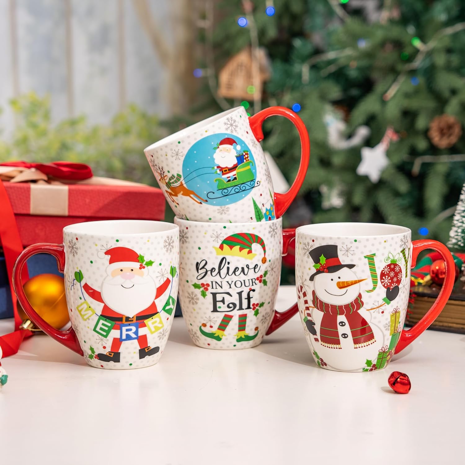 Topadorn Christmas Coffee Mug Ceramic Xmas Mug Porcelain Latte Tea Cup With Lid 17oz., Christmas Mug Set of 4 - Image 6