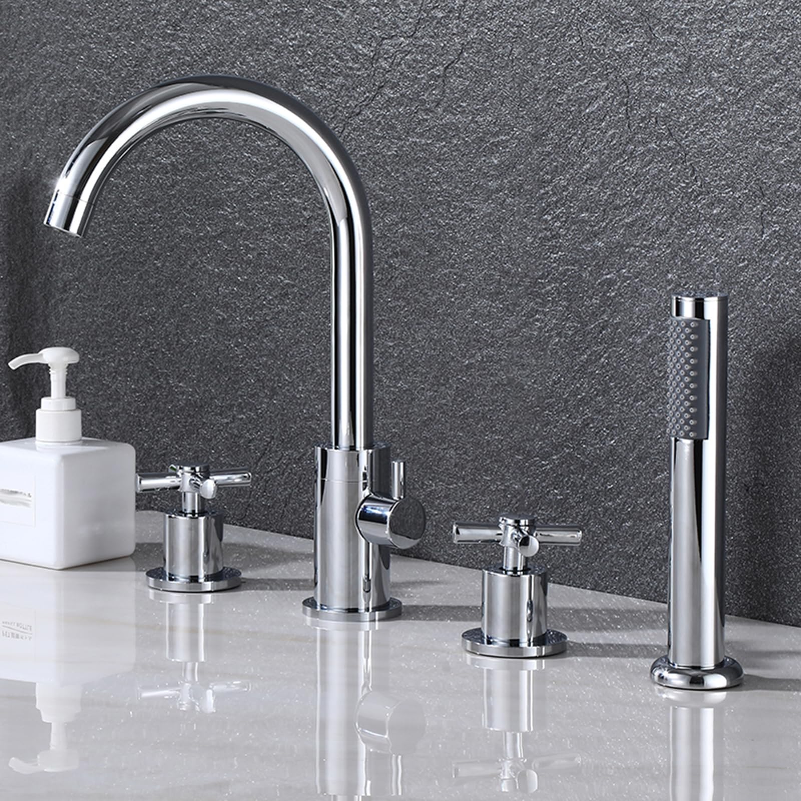 SnamicE 4 Hole Bath Shower Mixer Tap 360 Degree Rotating Spout Bath Tub Mixer Tap Black with Shower Single Lever,Chrome