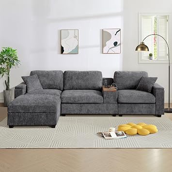 120.3" L-Shaped Sectional Sofa with Storage Ottoman, Oversized Comfy Couch with USB Port, Side Storage, Cup Holder & 360Swivel Drop-Down Table, Sectional Couches for Living Room Gray, 120.3"