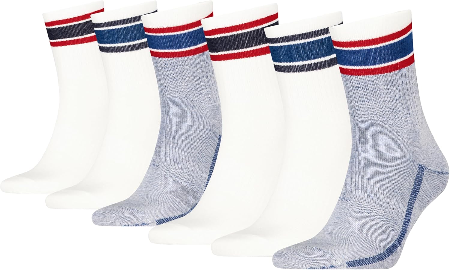 Levi's Men's 6-Pack Fashion High Quarter Crew Socks, Lightweight, Arch Support & Mesh Ventilation, White/Navy Blazer/True Blue/Red, 6-12