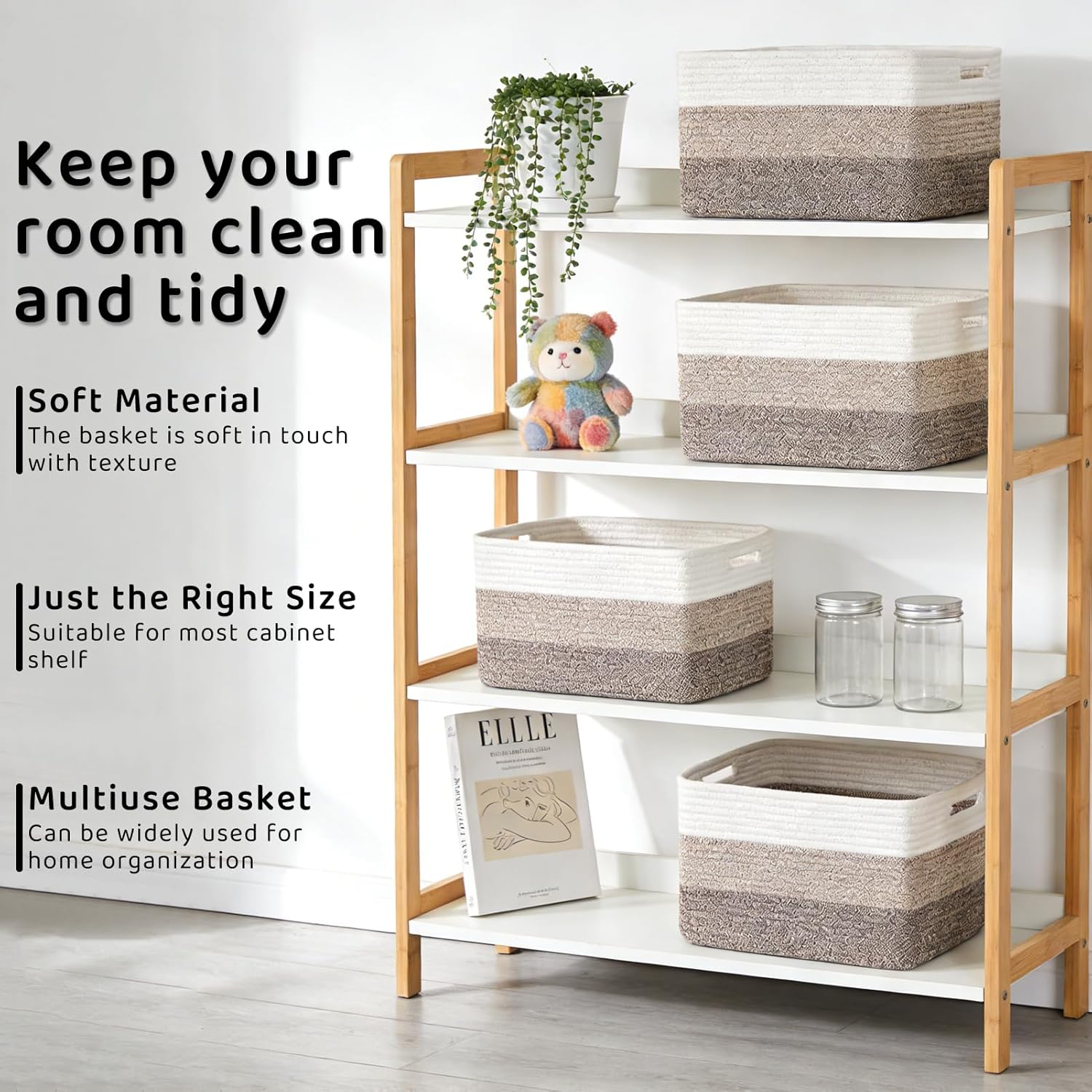4 Pack Storage Baskets for Organizing, 12''Lx9''Wx8''H Woven Baskets for Storage Toys, Towels, Books, and Clothes, Cotton Rope Basket for Shelves with Handle White & Brown