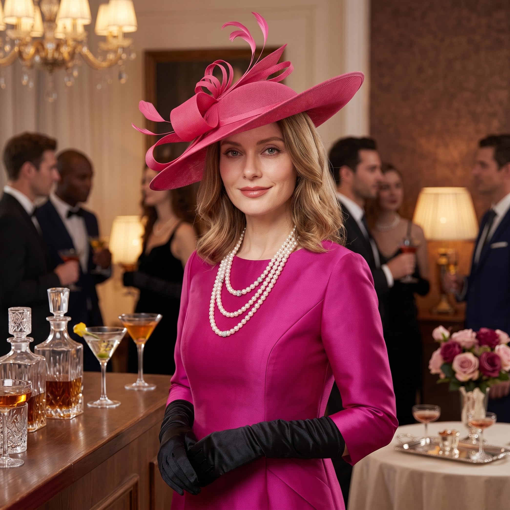 Cappelli da tè da donna, cappelli da fascinator con fiocco da donna rosa rosso 40 cm