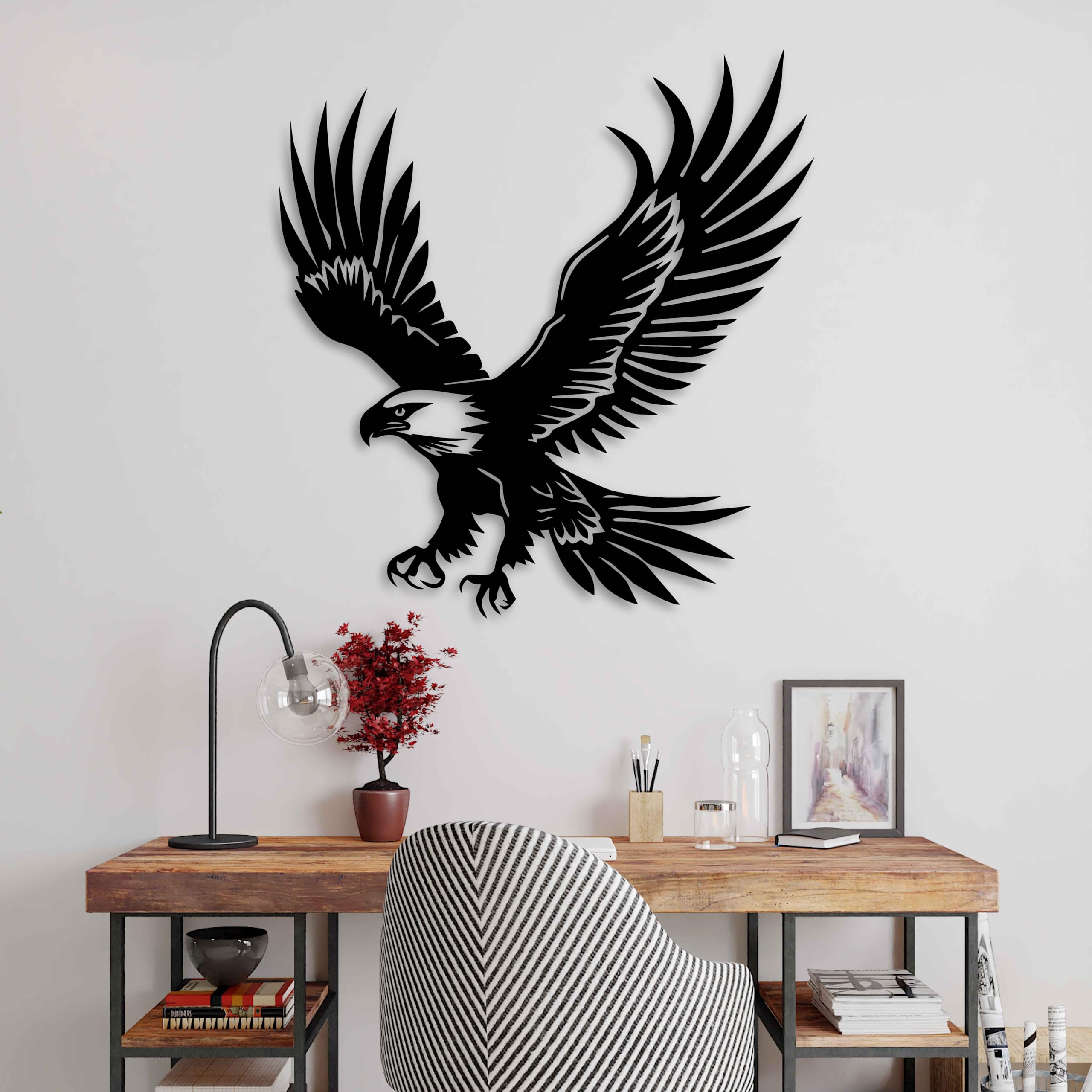 KAWA METALWORKS Décoration murale en métal avec aigle américain, panneau en métal patriotique, sculpture murale d'animaux sauvages, décoration d'oiseau majestueux volant pour intérieur et extérieur