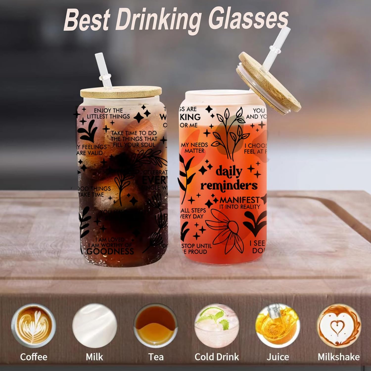 AGH 1Pack Can Glass Cup with Bamboo Lids and Platic Straw 16OZ Drinking Glass for Iced Coffee,Soda,Frosted Beer Glasses Smoothie Cup for Christmas Gift - Image 5