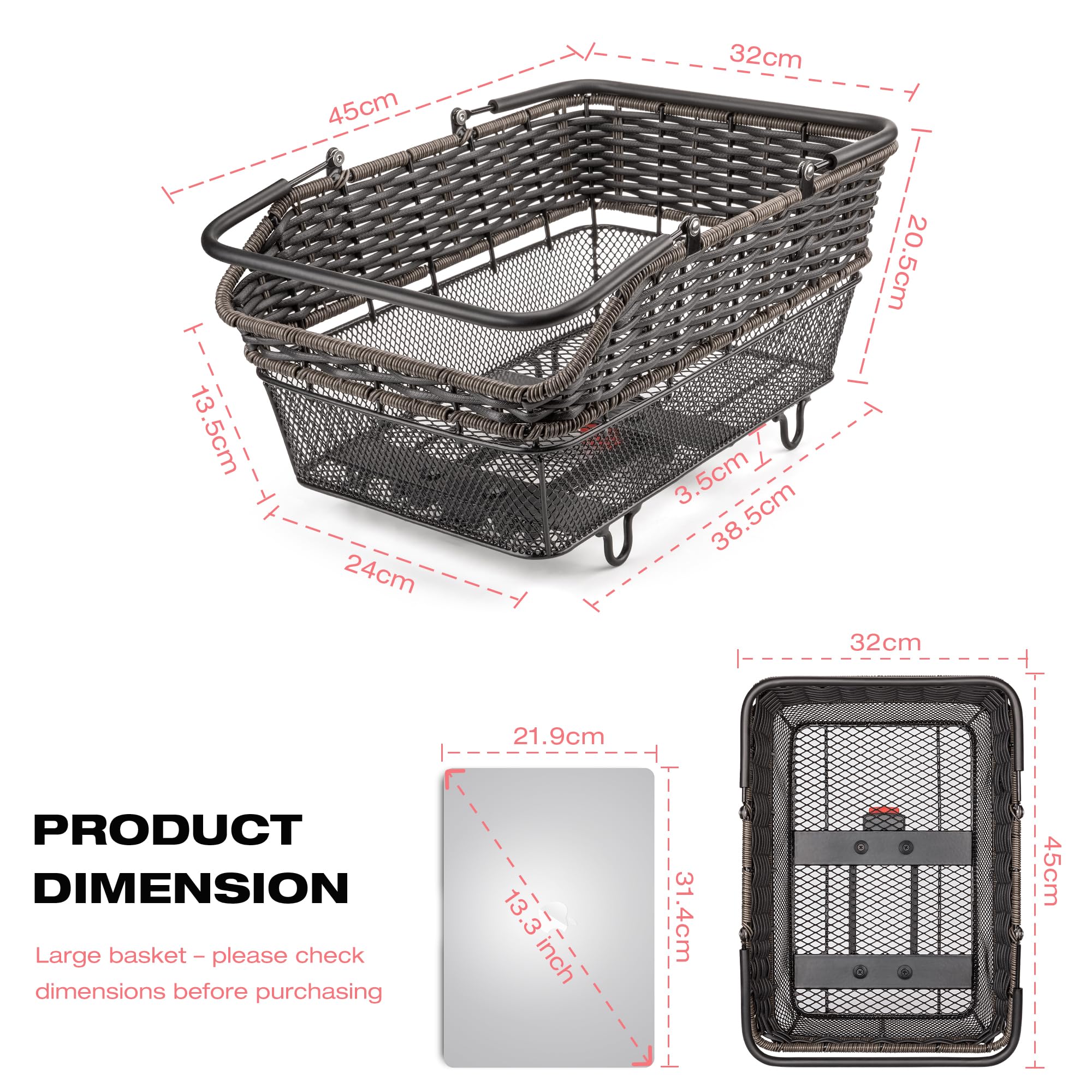 CXWXC Panier arrière de vélo avec poignée – Panier arrière de vélo à dégagement rapide avec filet de chargement et housse imperméable, paniers arrière en fil métallique de grande capacité