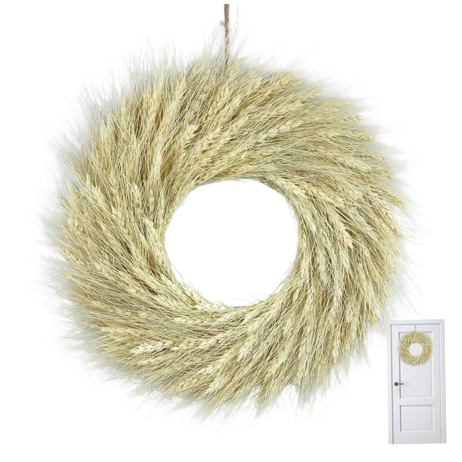 Pampasgras-Kranz, künstlicher getrockneter Weizen-Türkranz, 39, 9 cm, Ernte-Herbstdekor für Bauernhaus, drinnen und draußen, Fensterwand, Weizenkranz, Pampas-Kranz, Herbstkranz
