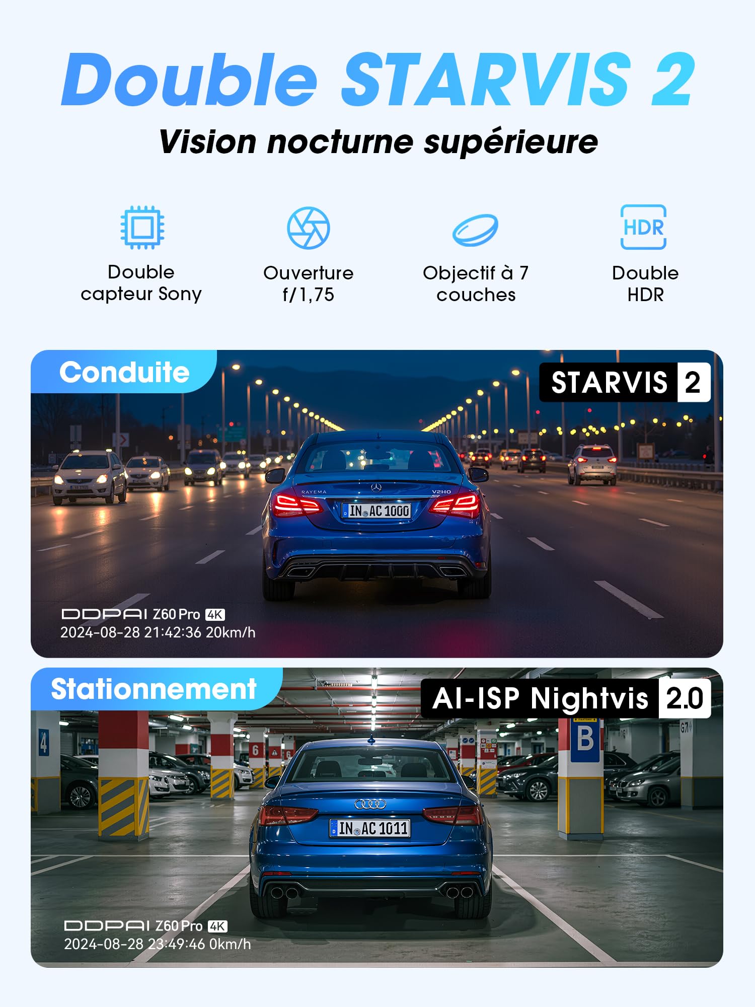 DDPAI Z60 Pro Dashcam Voiture Avant Arrière, 4K+1080P Dual STARVIS 2 HDR, 32 Go eMMC Intégré + Carte 128 Go Offerte, Vision Nocturne AI-ISP, 4G LTE, WiFi 5GHz GPS, Mode Parking 24H, 3" IPS
