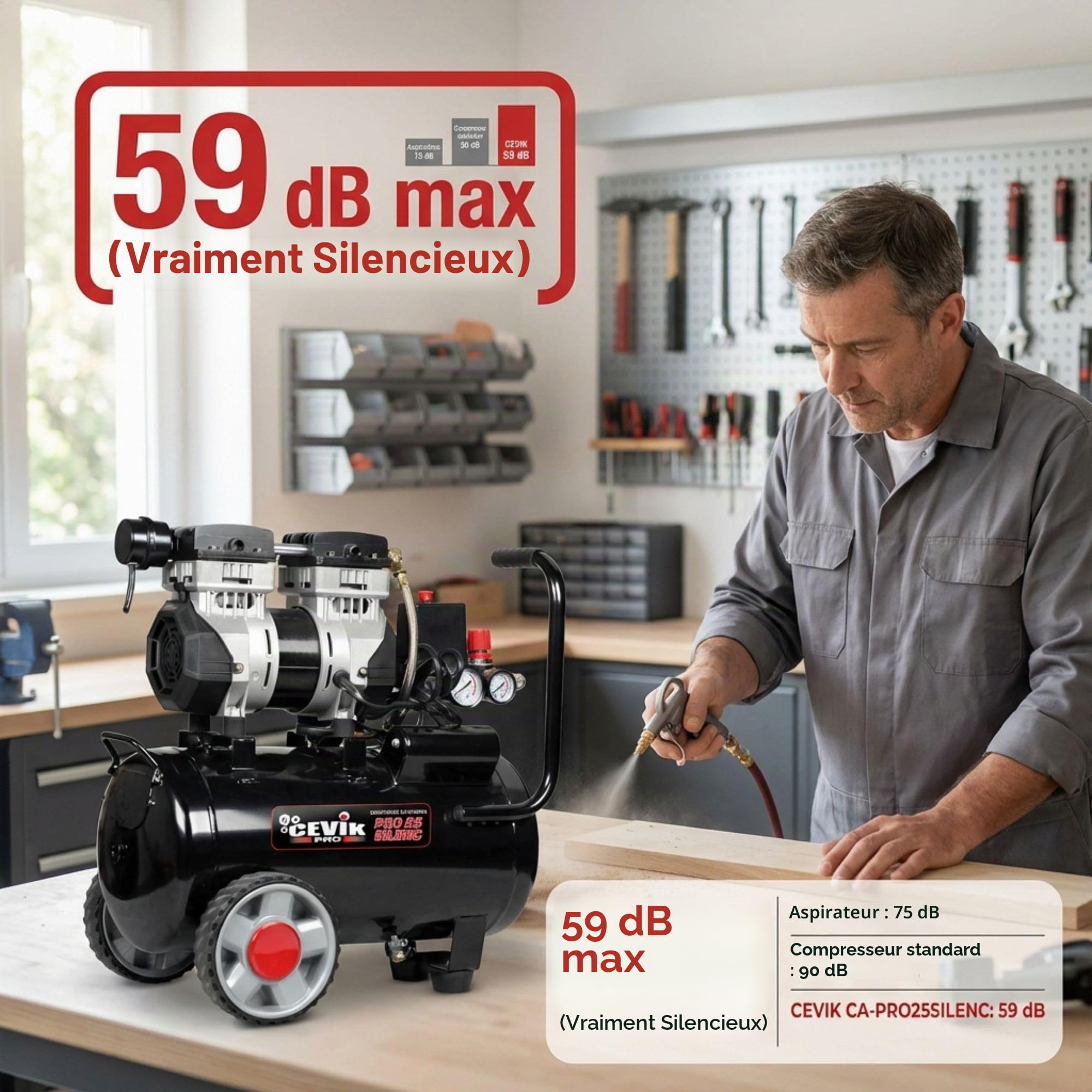 CEVIK PRO - CA-PRO25SILENC - Compresseur d’Air Silencieux - 59 dB - 25L - 1.5HP - Max 8 Bar - 150 l/min - Sans Huile - Deux Sorties d’Air - Compact Portable - Compresseur Peinture Outils Pneumatiques